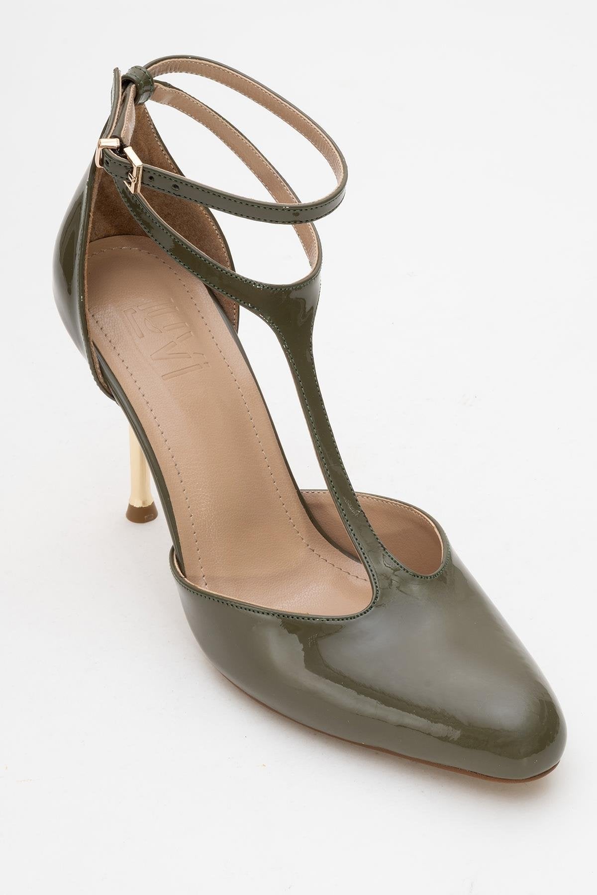 Jon - Khaki Patent Stiletto Pump – detail view showing leather, SimmiUnique