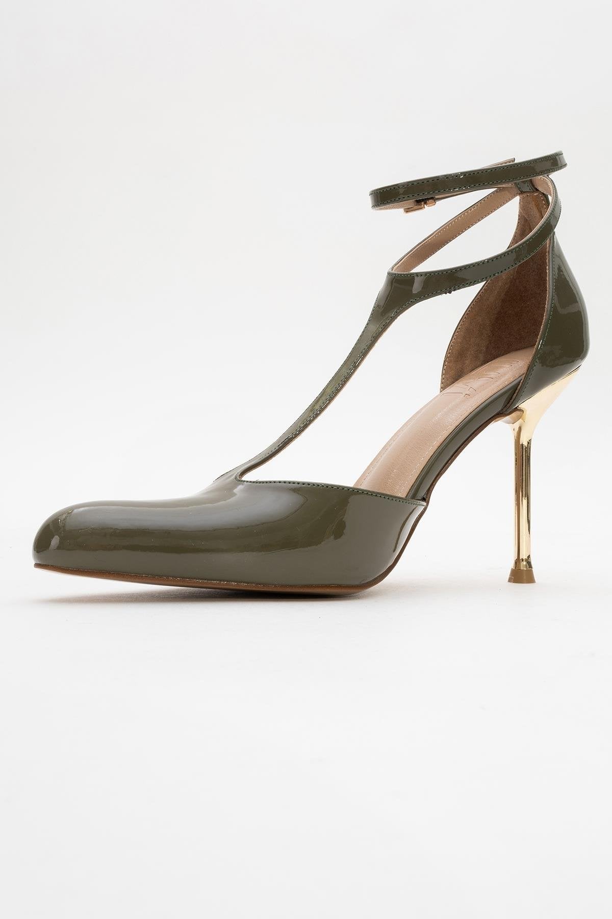 Jon - Khaki Patent Stiletto Pump – heel view showing leather, SimmiUnique
