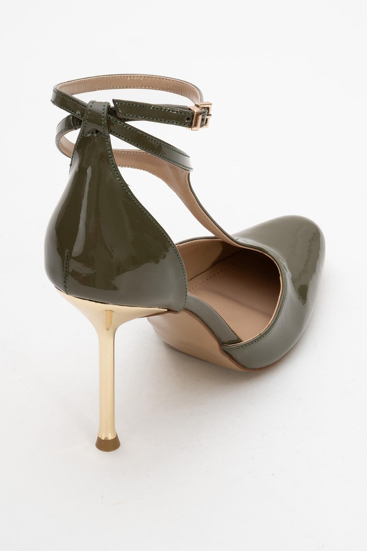 Jon - Khaki Patent Stiletto Pump – back view showing leather, SimmiUnique