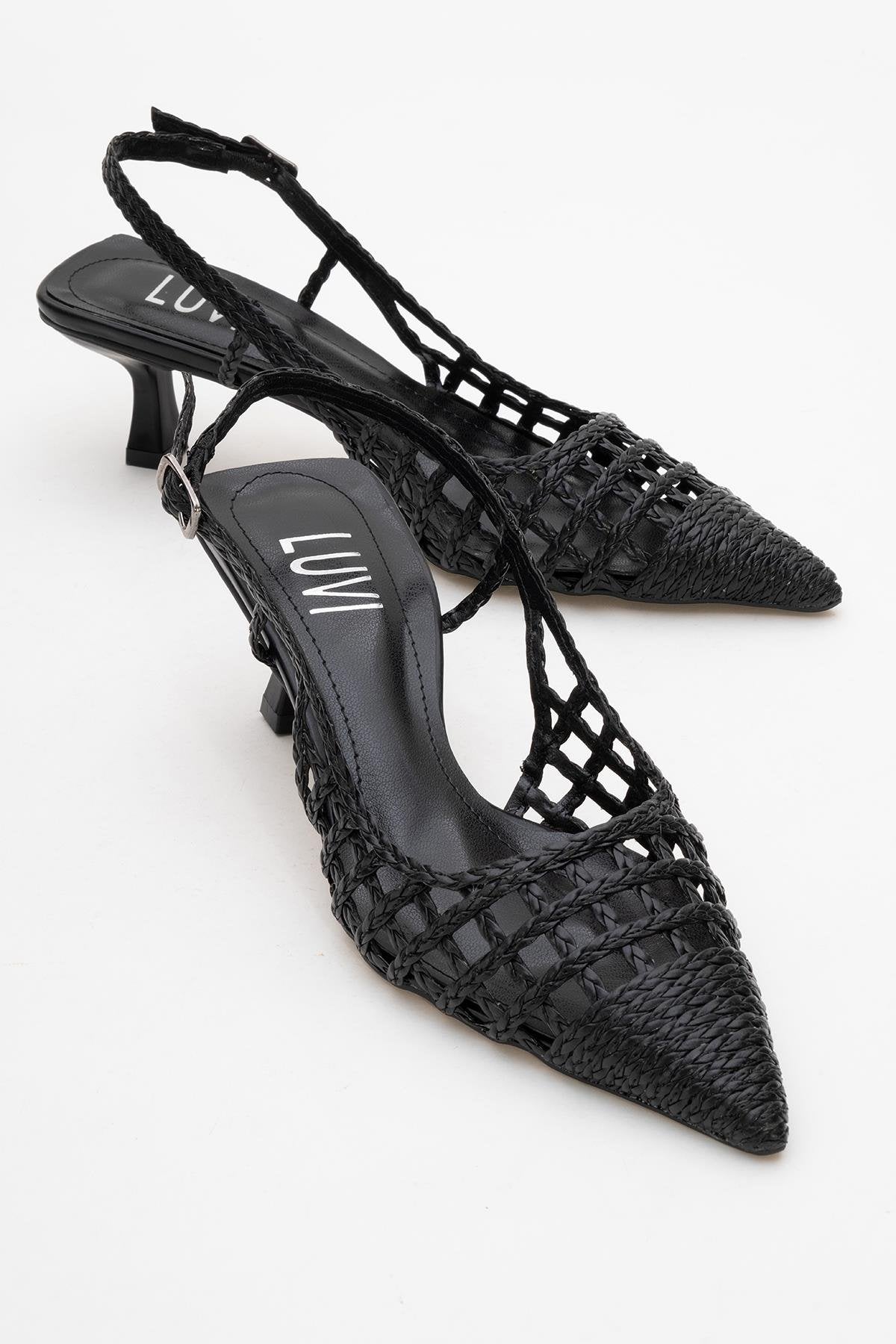 Heaven - Black Knitted Open-Back Slingback Low Heel Shoe – front three-quarter view showing leather, black, SimmiUnique
