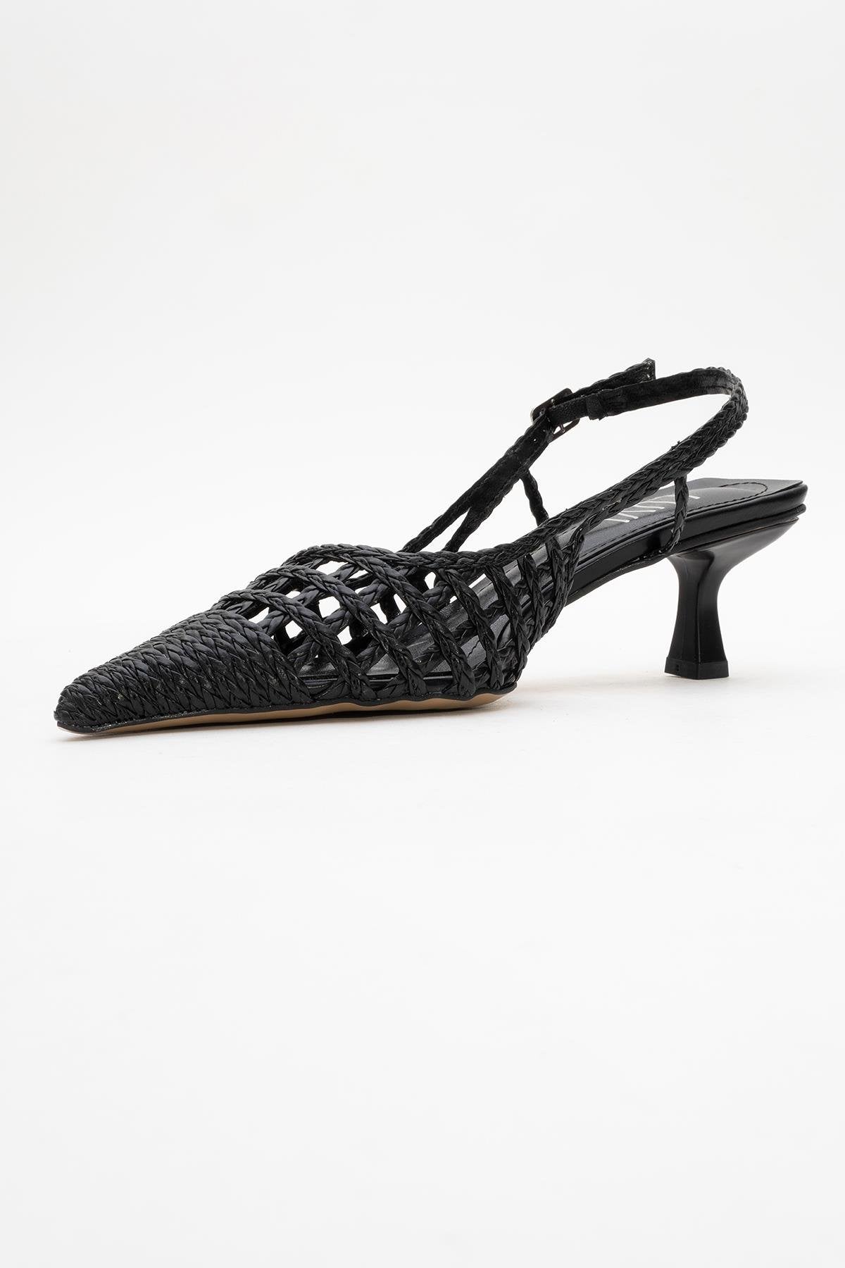 Heaven - Black Knitted Open-Back Slingback Low Heel Shoe – heel view showing leather, black, SimmiUnique