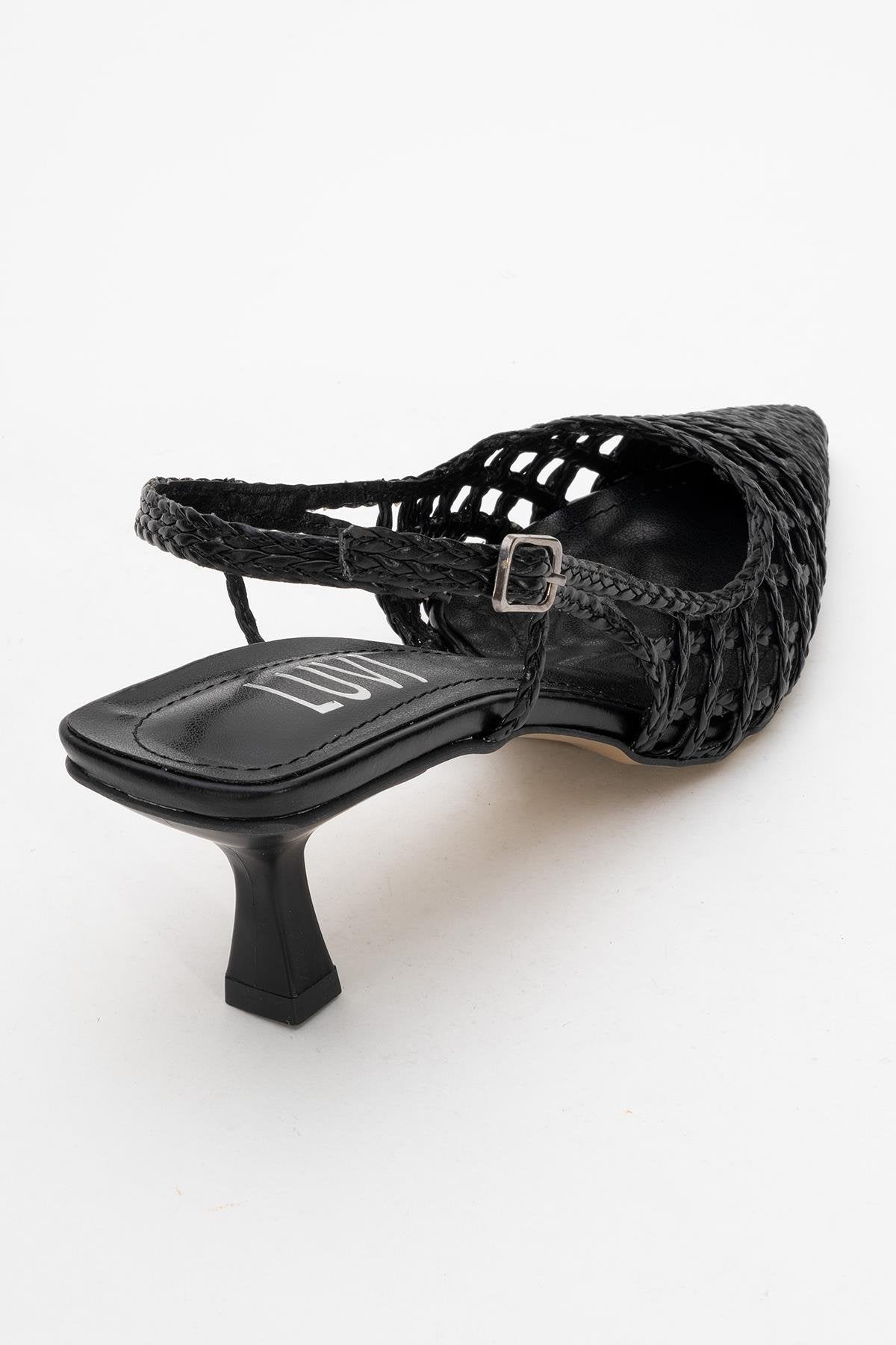 Heaven - Black Knitted Open-Back Slingback Low Heel Shoe – back view showing leather, black, SimmiUnique