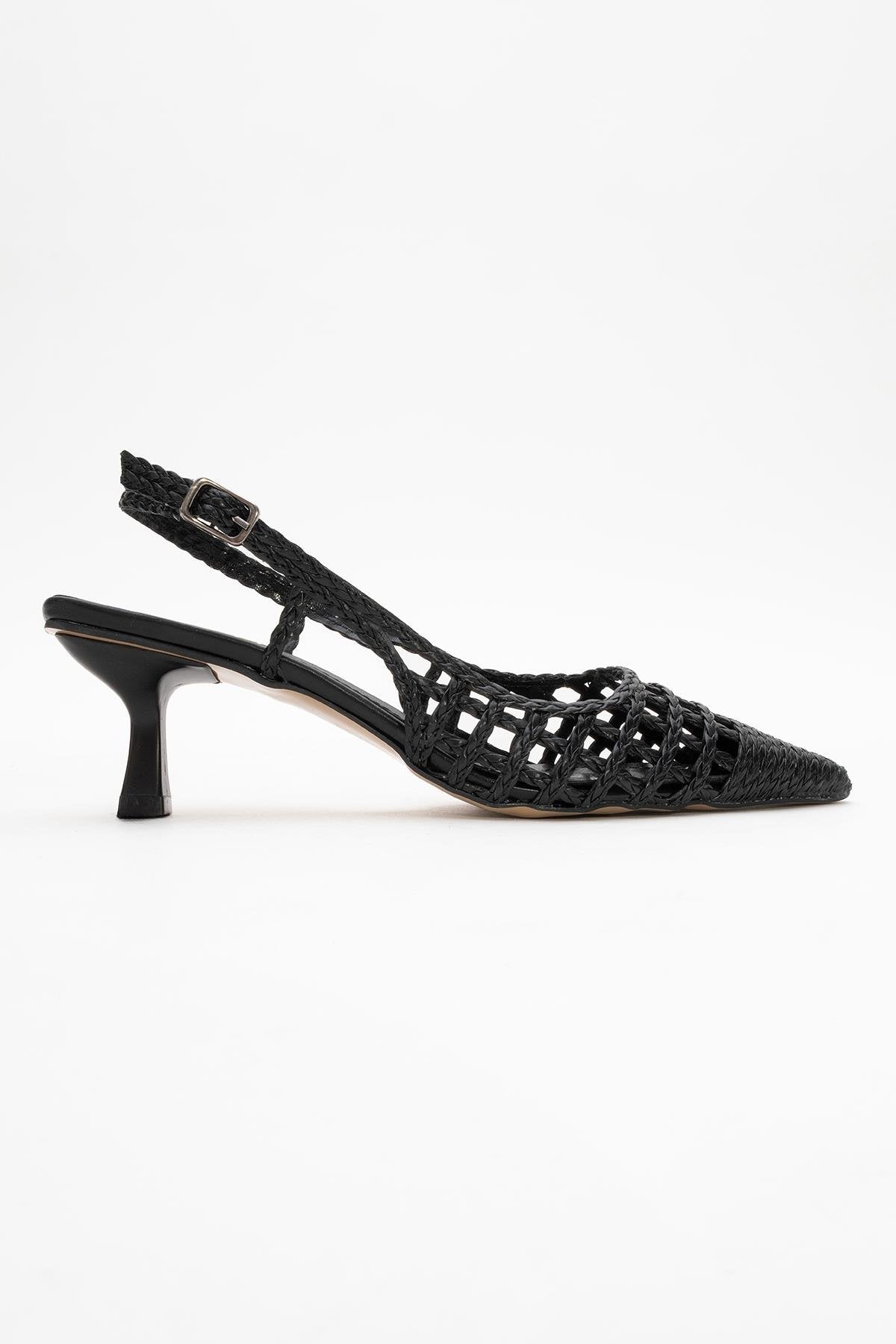 Heaven - Black Knitted Open-Back Slingback Low Heel Shoe – top view showing leather, black, SimmiUnique