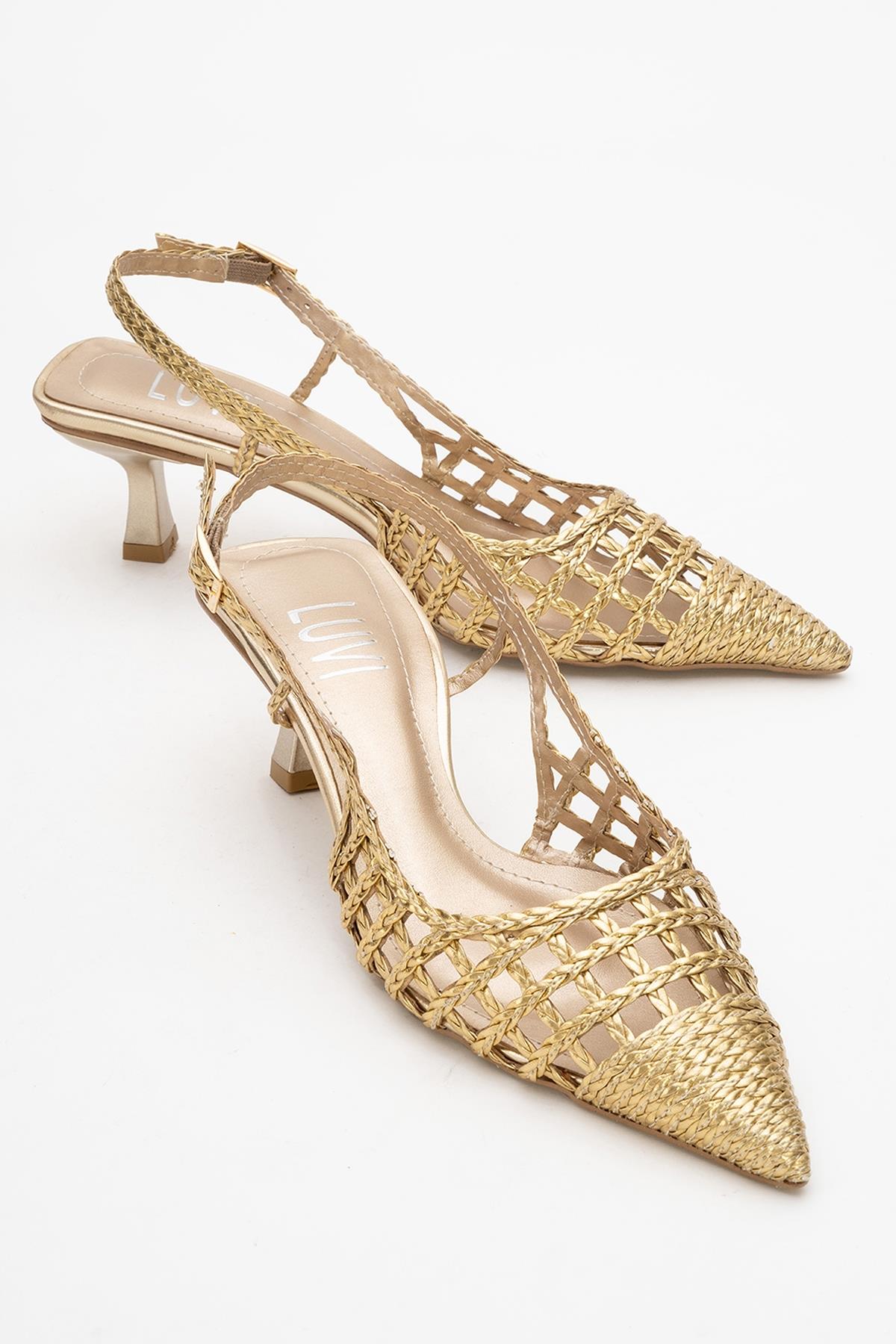 Heaven - Gold Knitted Open-Back Slingback Low Heel Shoe – front three-quarter view showing leather, gold, SimmiUnique
