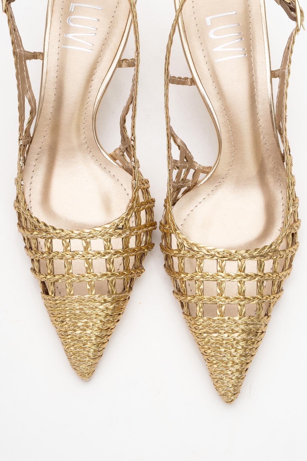 Heaven - Gold Knitted Open-Back Slingback Low Heel Shoe – side view showing leather, gold, SimmiUnique