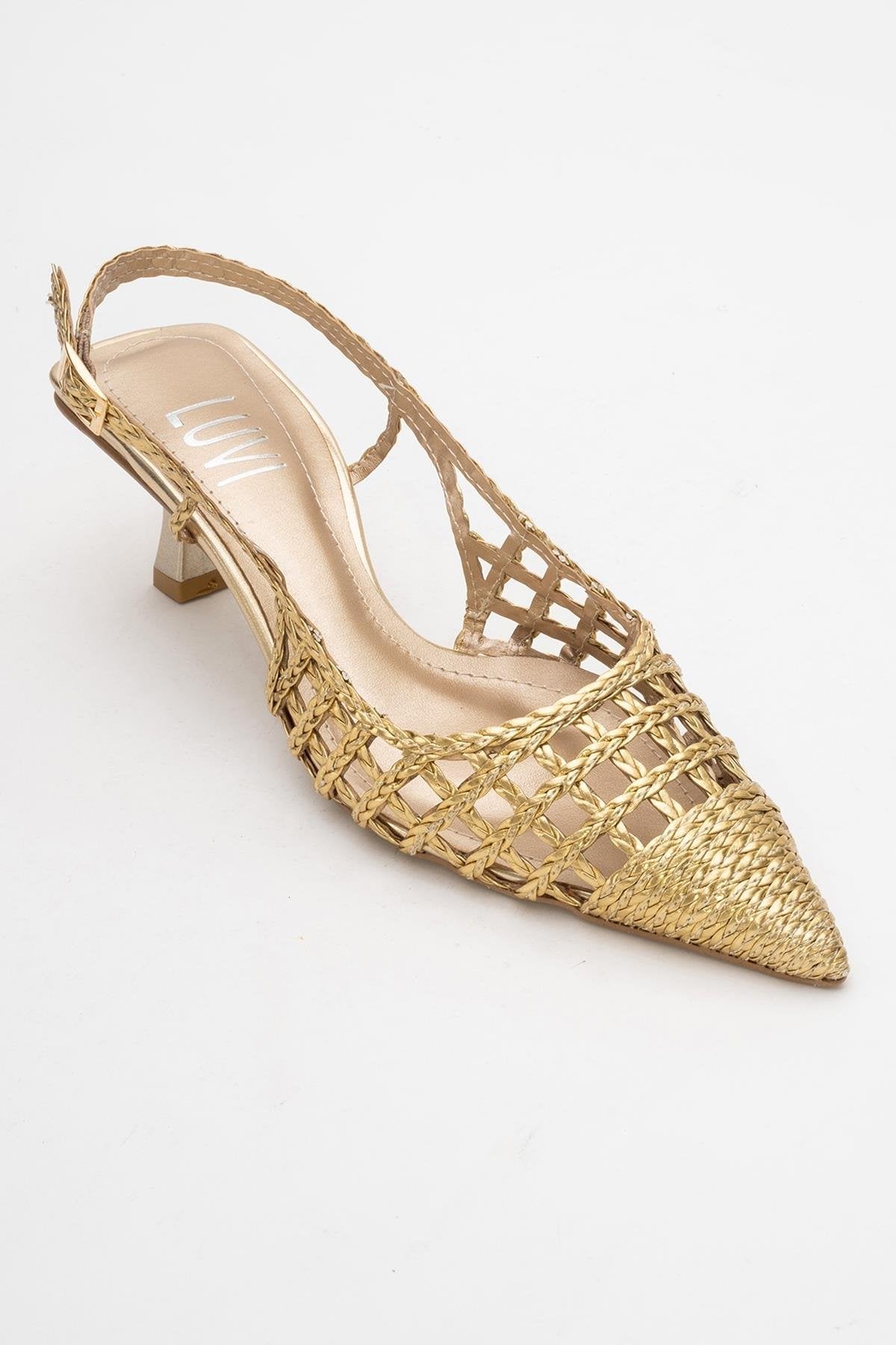 Heaven - Gold Knitted Open-Back Slingback Low Heel Shoe – detail view showing leather, gold, SimmiUnique