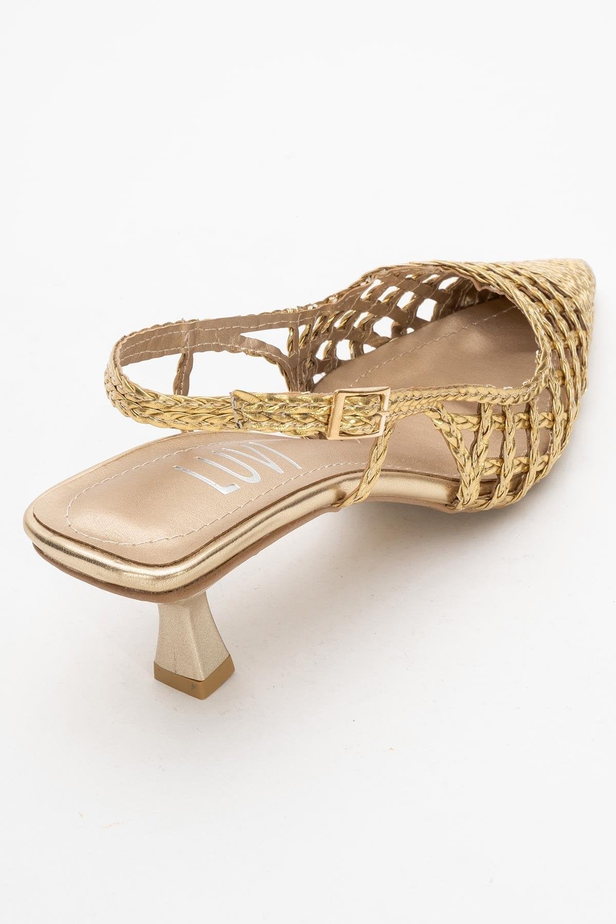 Heaven - Gold Knitted Open-Back Slingback Low Heel Shoe – back view showing leather, gold, SimmiUnique