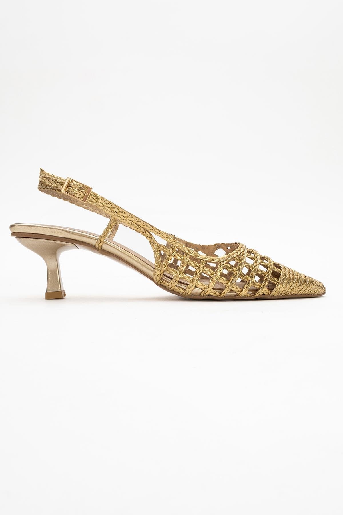 Heaven - Gold Knitted Open-Back Slingback Low Heel Shoe – top view showing leather, gold, SimmiUnique
