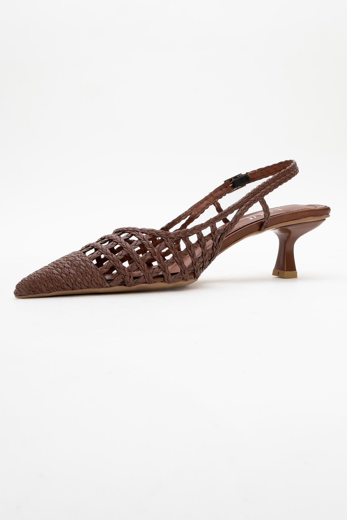 Heaven - Dark Cognac Open Back Low Heel Pump – heel view showing leather, SimmiUnique