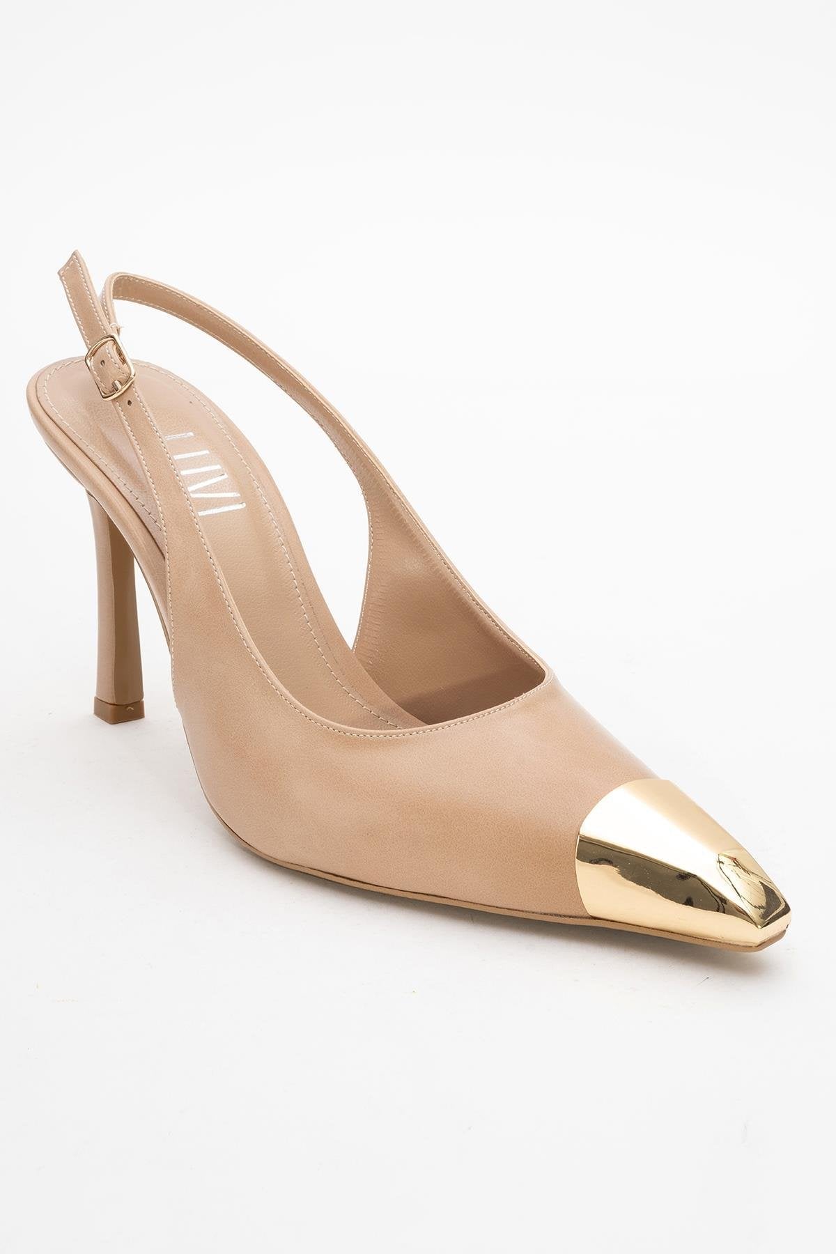Flare - Beige Pointed Toe Stiletto Pump – detail view showing leather, SimmiUnique