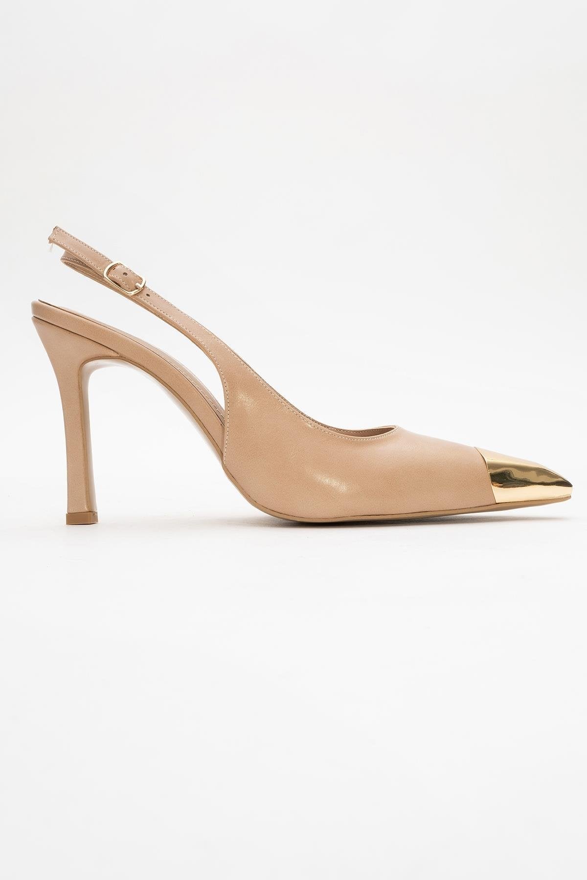 Flare - Beige Pointed Toe Stiletto Pump – top view showing leather, SimmiUnique