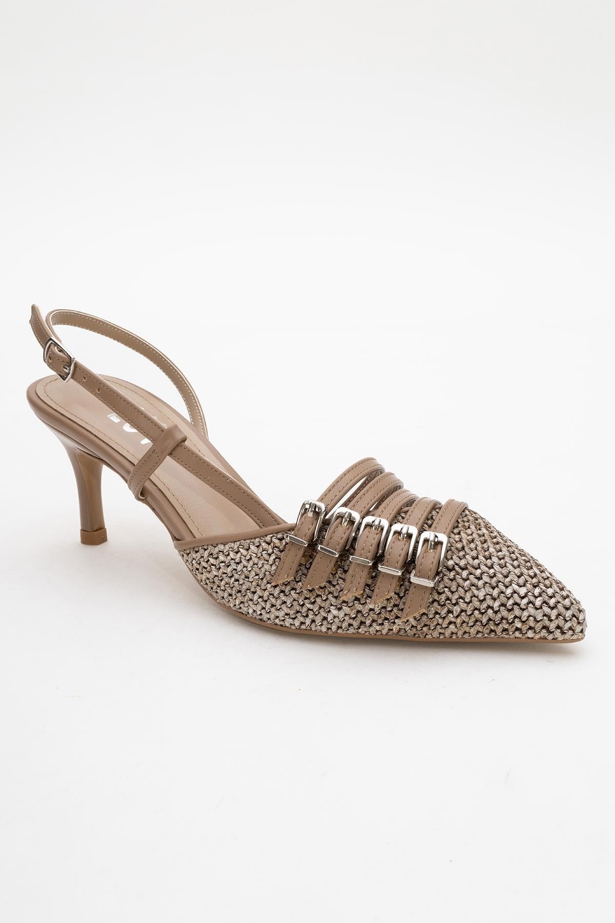 Zenith - Dark Beige Slingback Pointed Toe Heel – detail view showing leather, SimmiUnique
