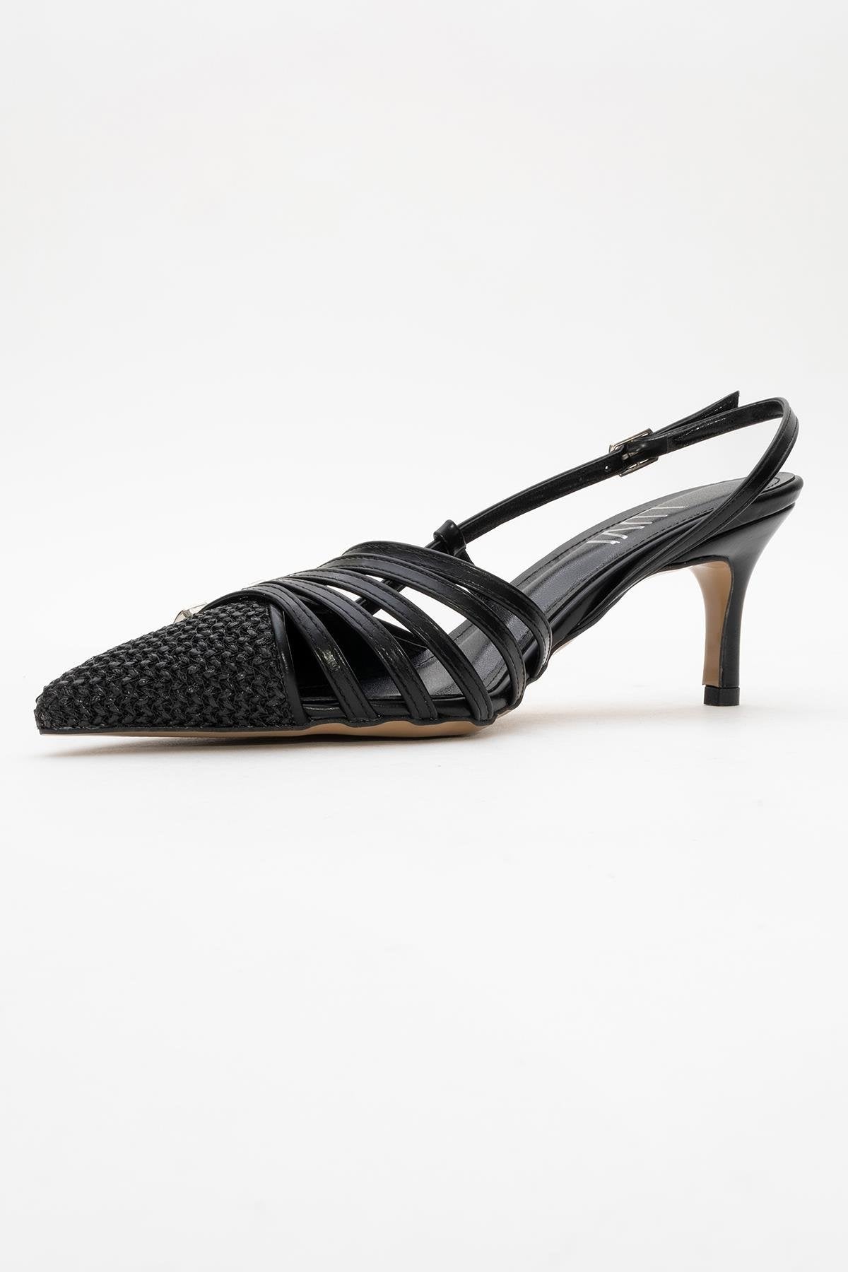 Zenith - Black Slingback Pointed Toe Heel – heel view showing leather, black, SimmiUnique