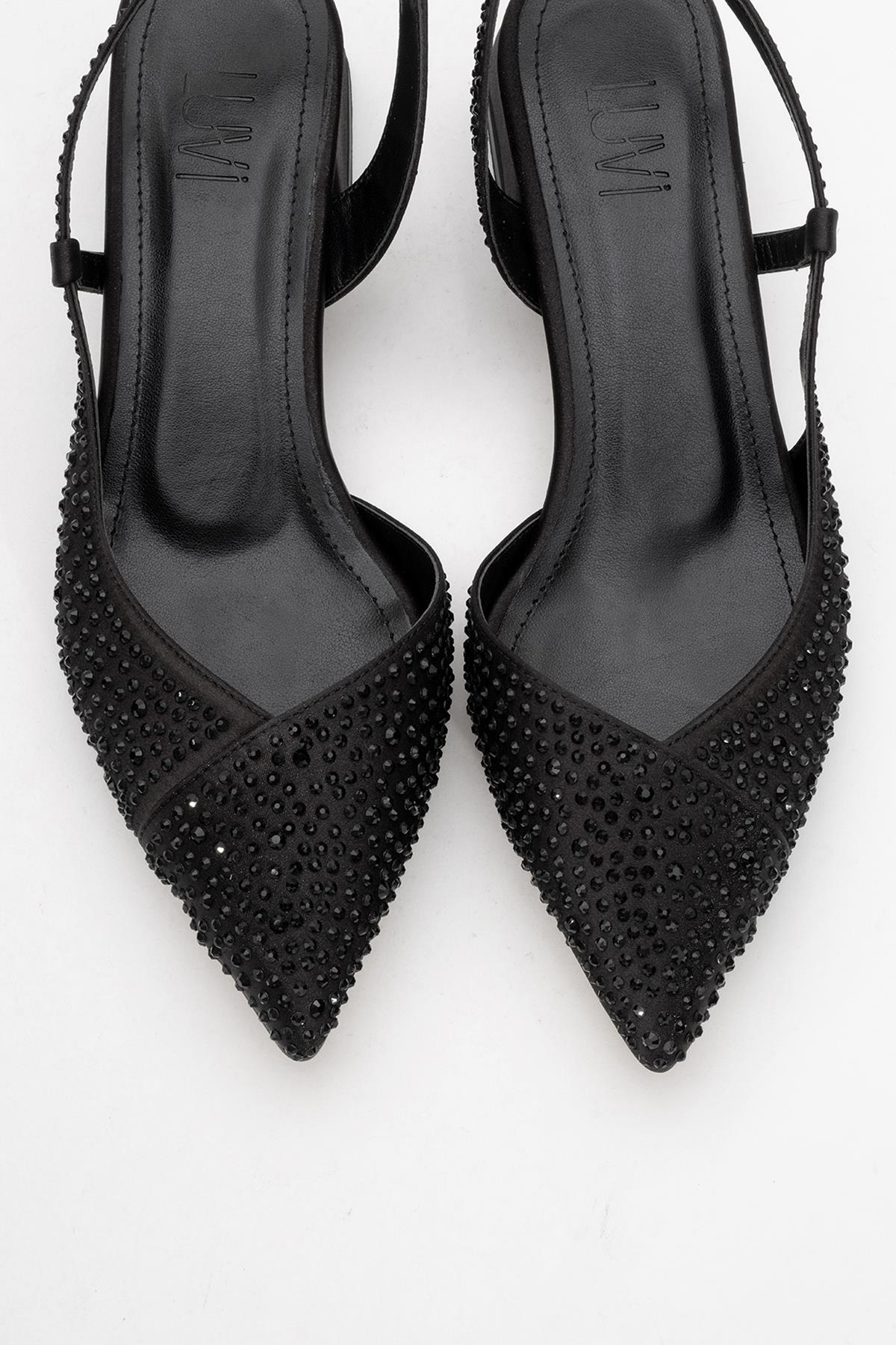 Sella - Black Jeweled Low Heel Shoe – side view showing leather, black, SimmiUnique