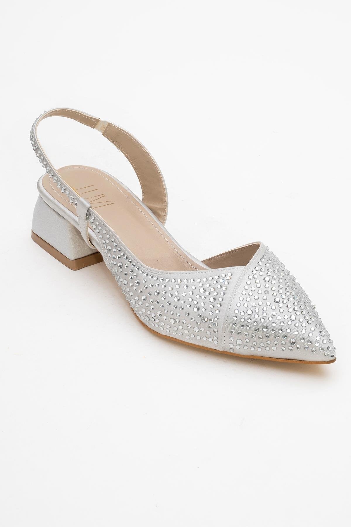 Sella - Silver Jeweled Low Heel Shoe – detail view showing leather, silver, SimmiUnique