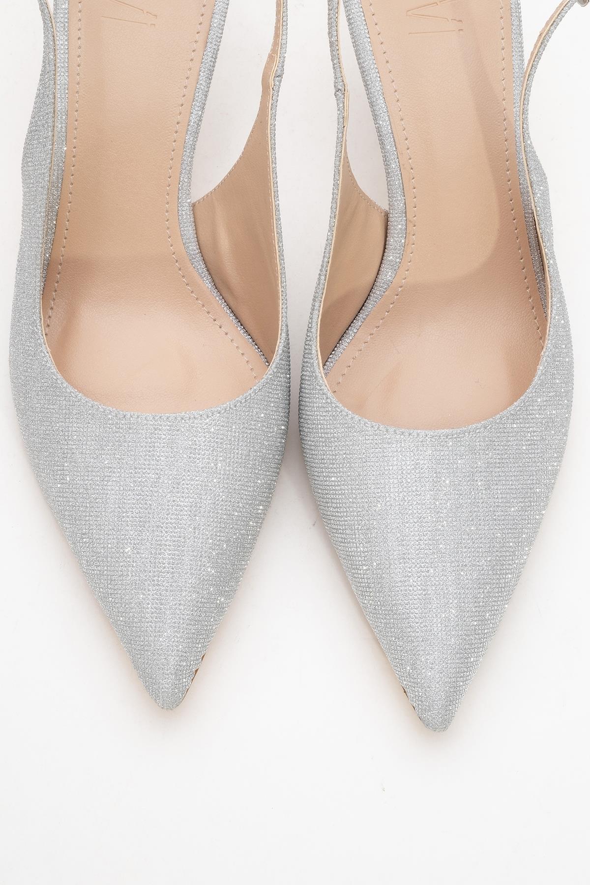 Caisa - Silver Glitter Stiletto Pump – side view showing leather, glitter, silver, SimmiUnique