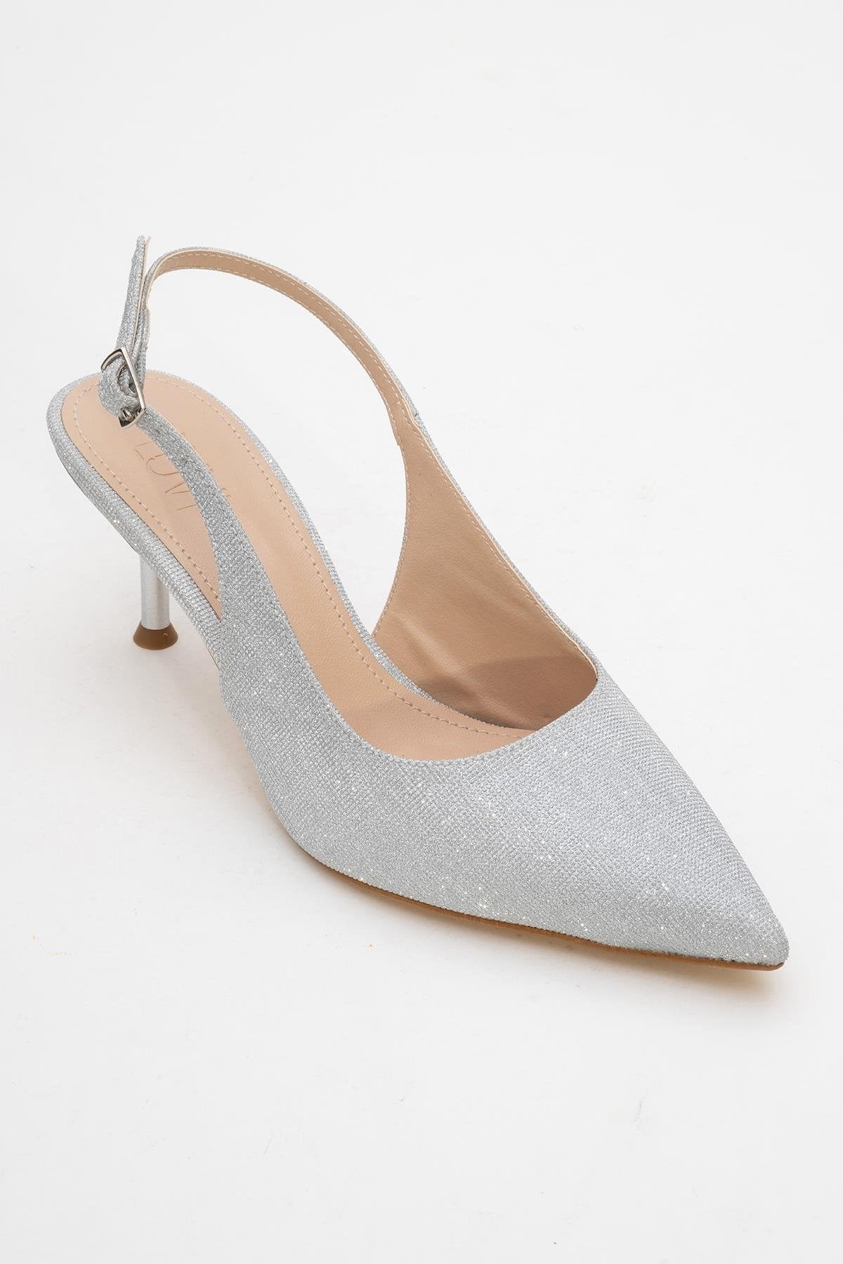 Caisa - Silver Glitter Stiletto Pump – detail view showing leather, glitter, silver, SimmiUnique