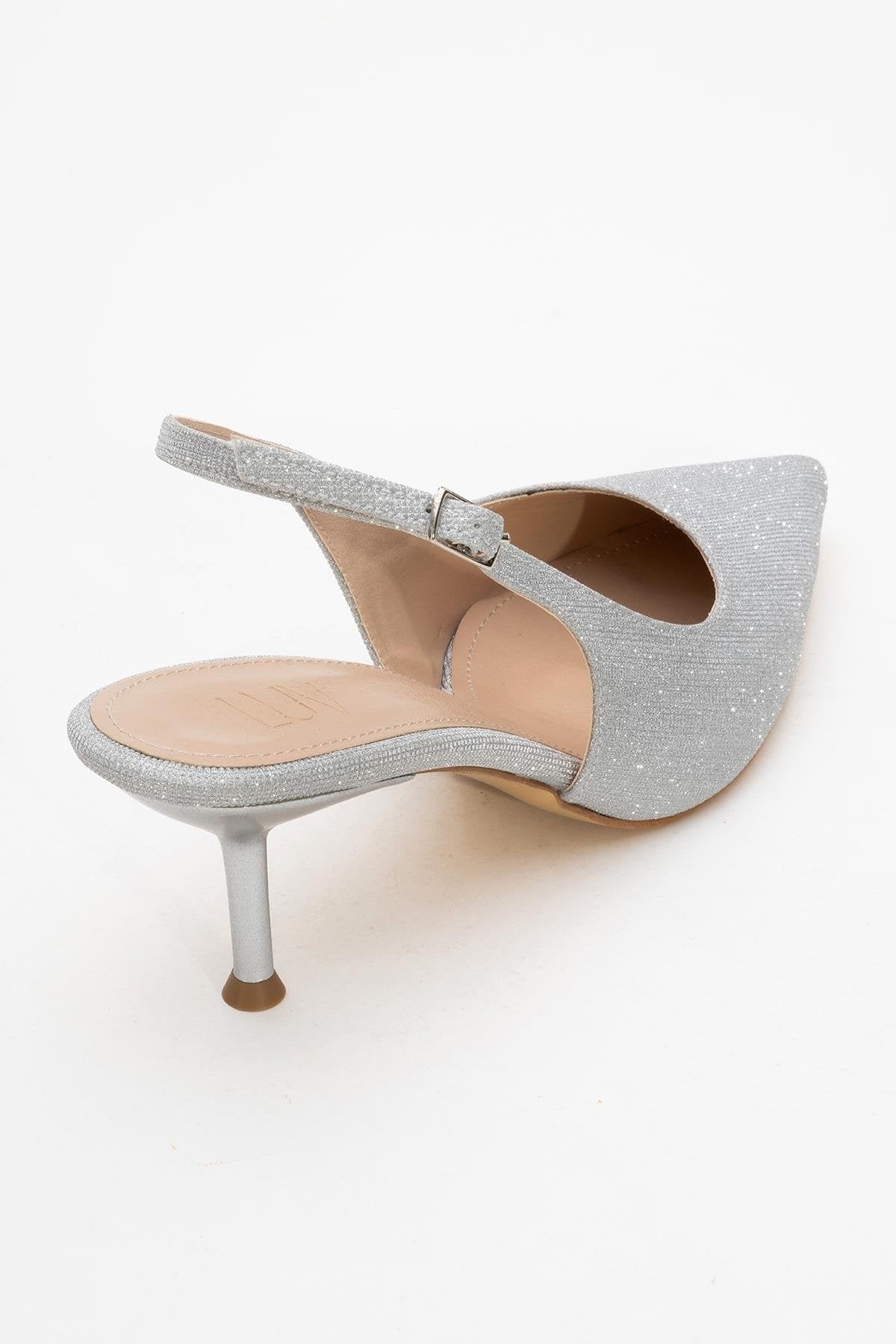 Caisa - Silver Glitter Stiletto Pump – back view showing leather, glitter, silver, SimmiUnique