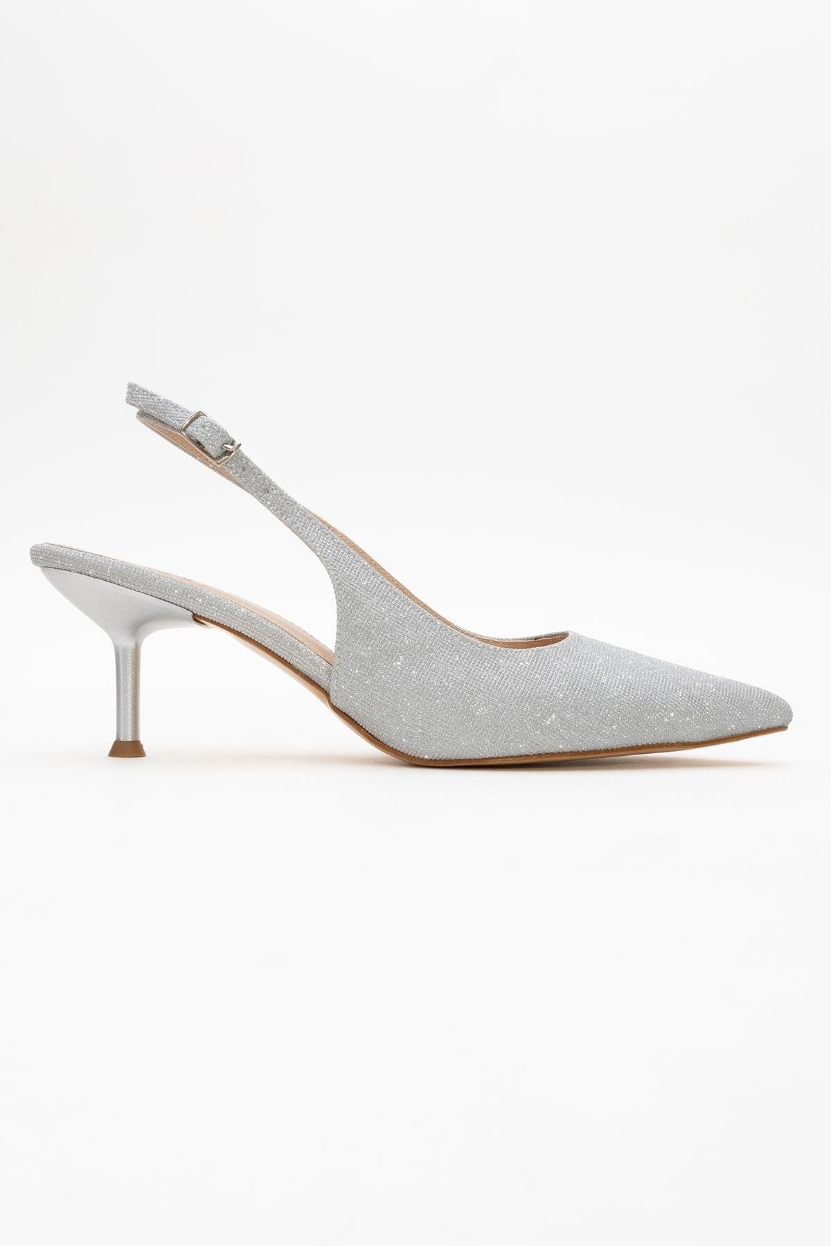Caisa - Silver Glitter Stiletto Pump – top view showing leather, glitter, silver, SimmiUnique