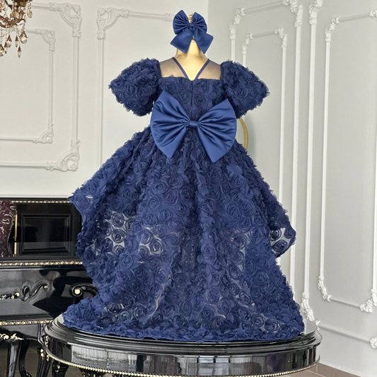 Rose Navy Blue Tailed Evening Dress