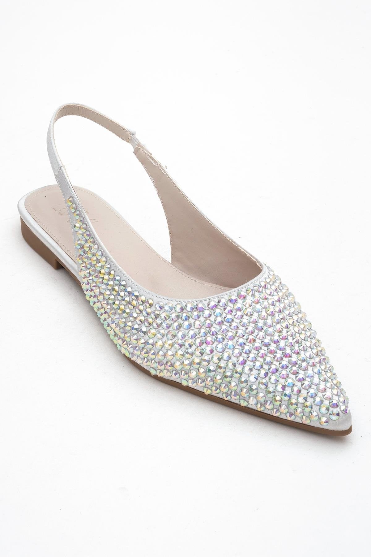 Ida - Silver Pointed Toe Open-Back Ballet Flat – detail view showing leather, silver, red, SimmiUnique