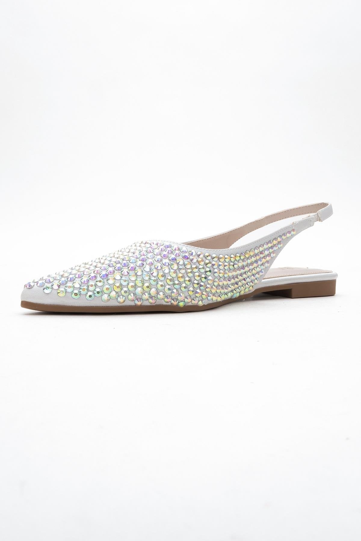 Ida - Silver Pointed Toe Open-Back Ballet Flat – heel view showing leather, silver, red, SimmiUnique