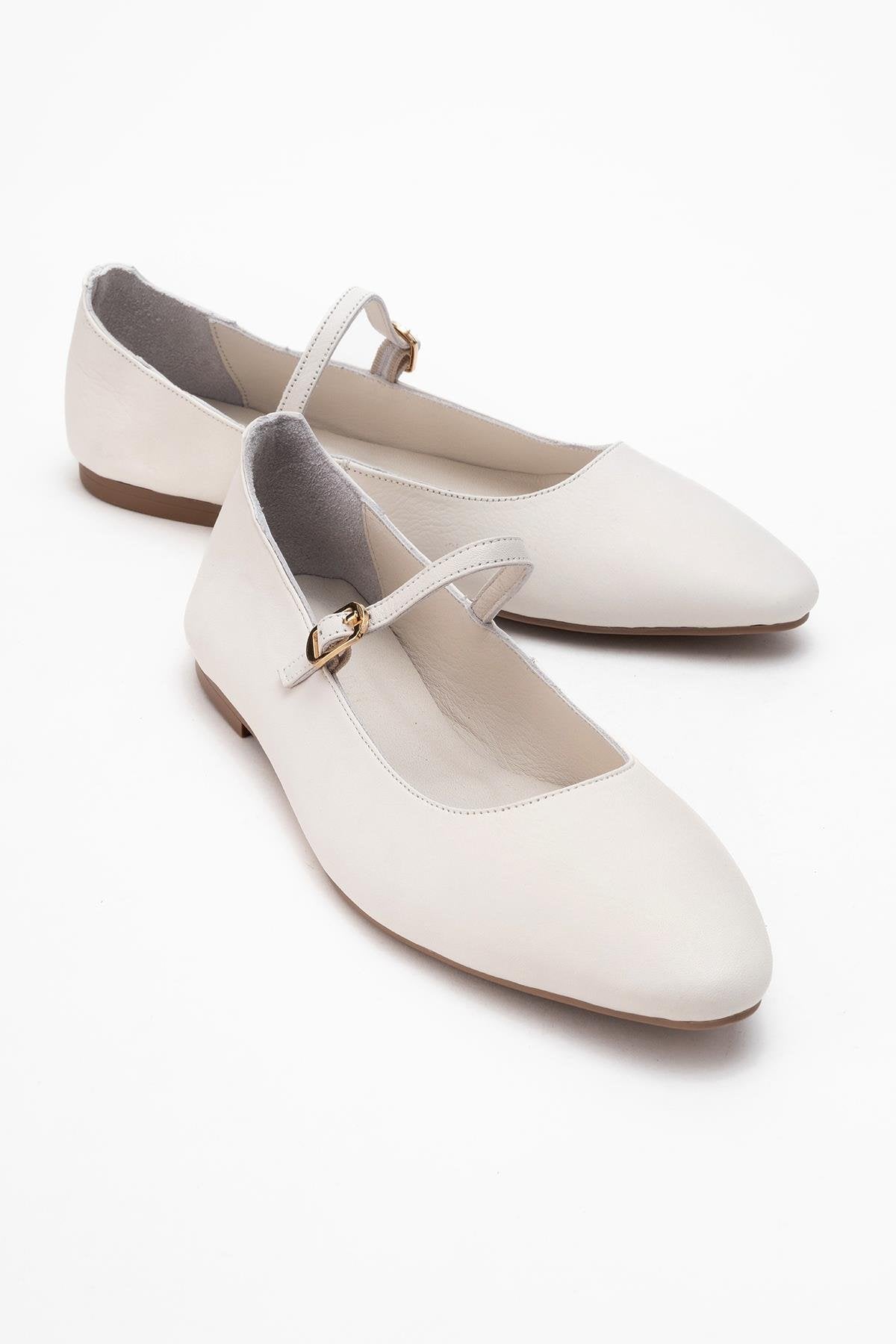 Lunaire - Off-White Genuine Leather Single Strap Pointed Toe Ballet Fl – front three-quarter view showing leather, white…