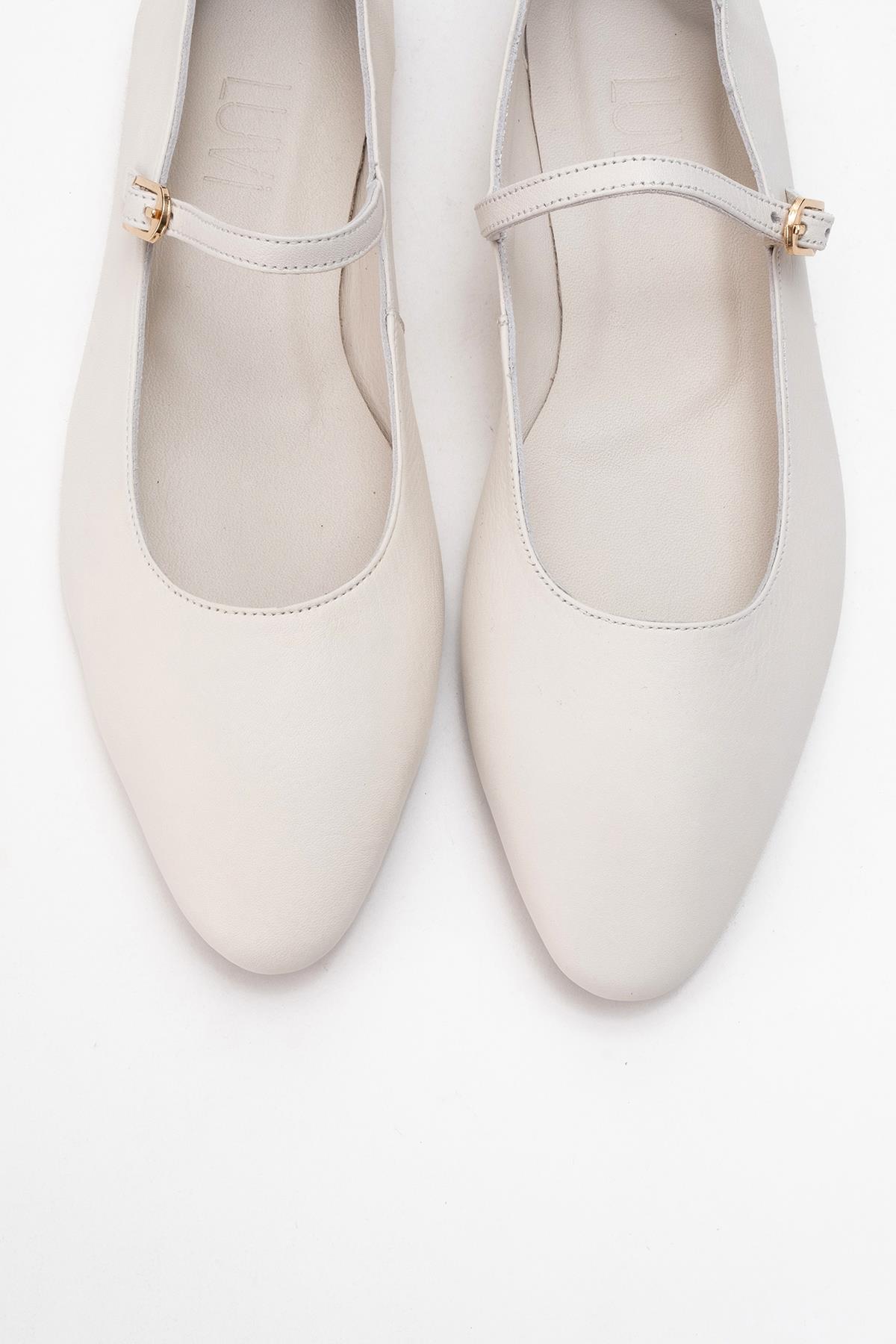 Lunaire - Off-White Genuine Leather Single Strap Pointed Toe Ballet Fl – side view showing leather, white, SimmiUnique