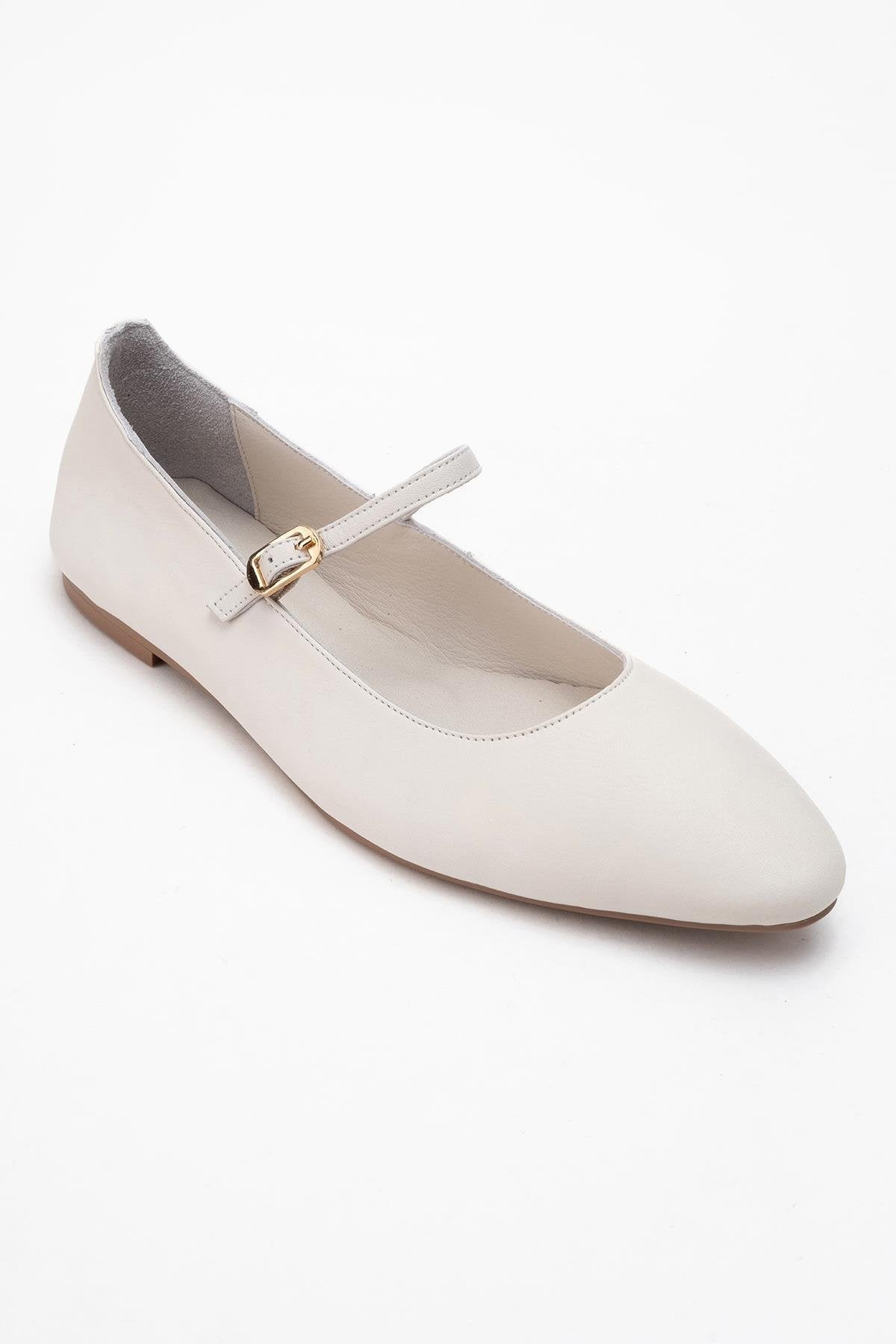 Lunaire - Off-White Genuine Leather Single Strap Pointed Toe Ballet Fl – detail view showing leather, white, SimmiUnique