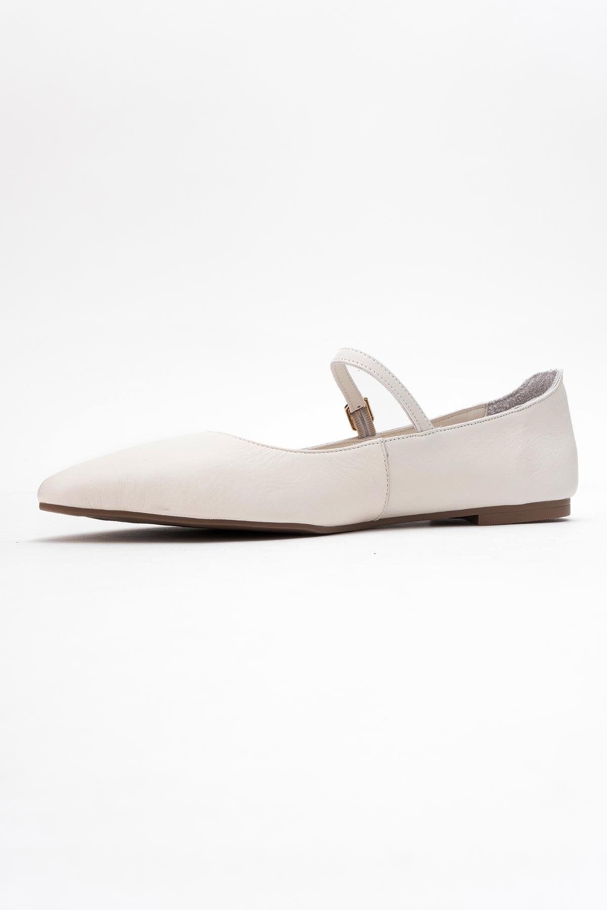 Lunaire - Off-White Genuine Leather Single Strap Pointed Toe Ballet Fl – heel view showing leather, white, SimmiUnique