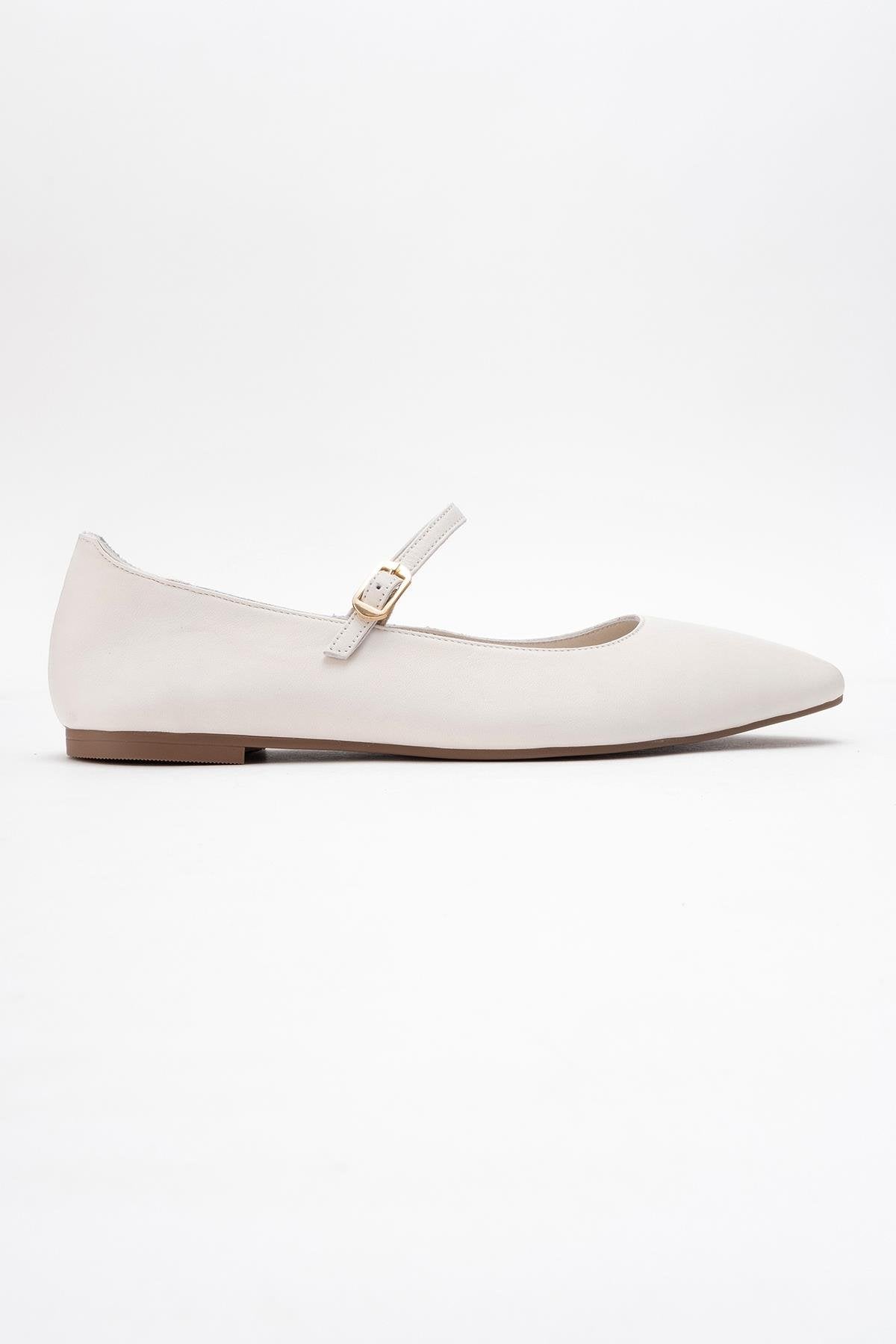Lunaire - Off-White Genuine Leather Single Strap Pointed Toe Ballet Fl – top view showing leather, white, SimmiUnique