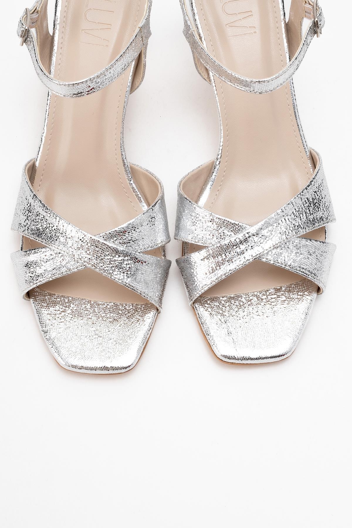 Melin - Silver Patterned Cross-Strap Heeled Shoe – side view showing leather, silver, SimmiUnique