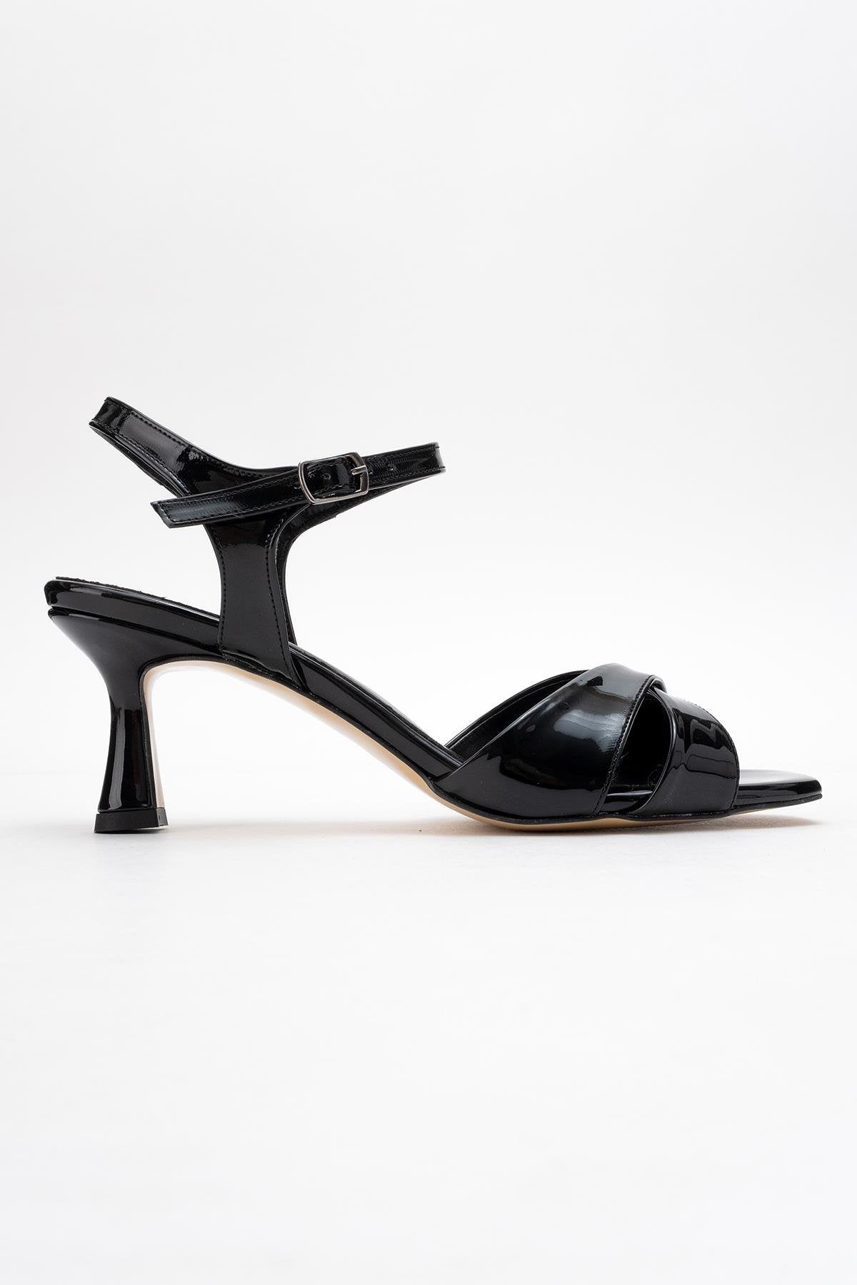 Melin - Black Patent Cross-Strap Heeled Shoe – top view showing leather, black, SimmiUnique