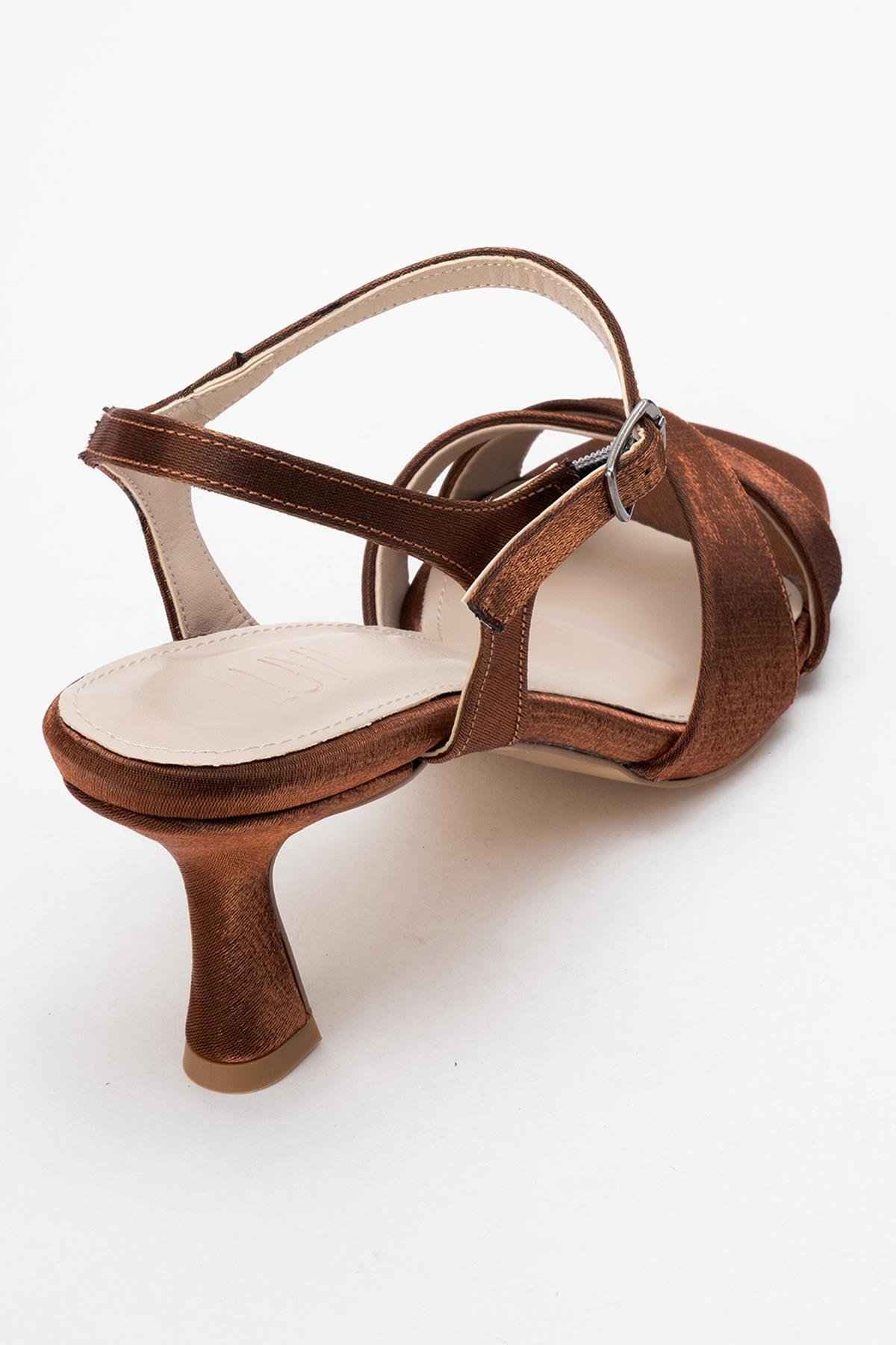 Melin - Copper Satin Cross-Strap Heeled Shoe – back view showing satin, leather, SimmiUnique