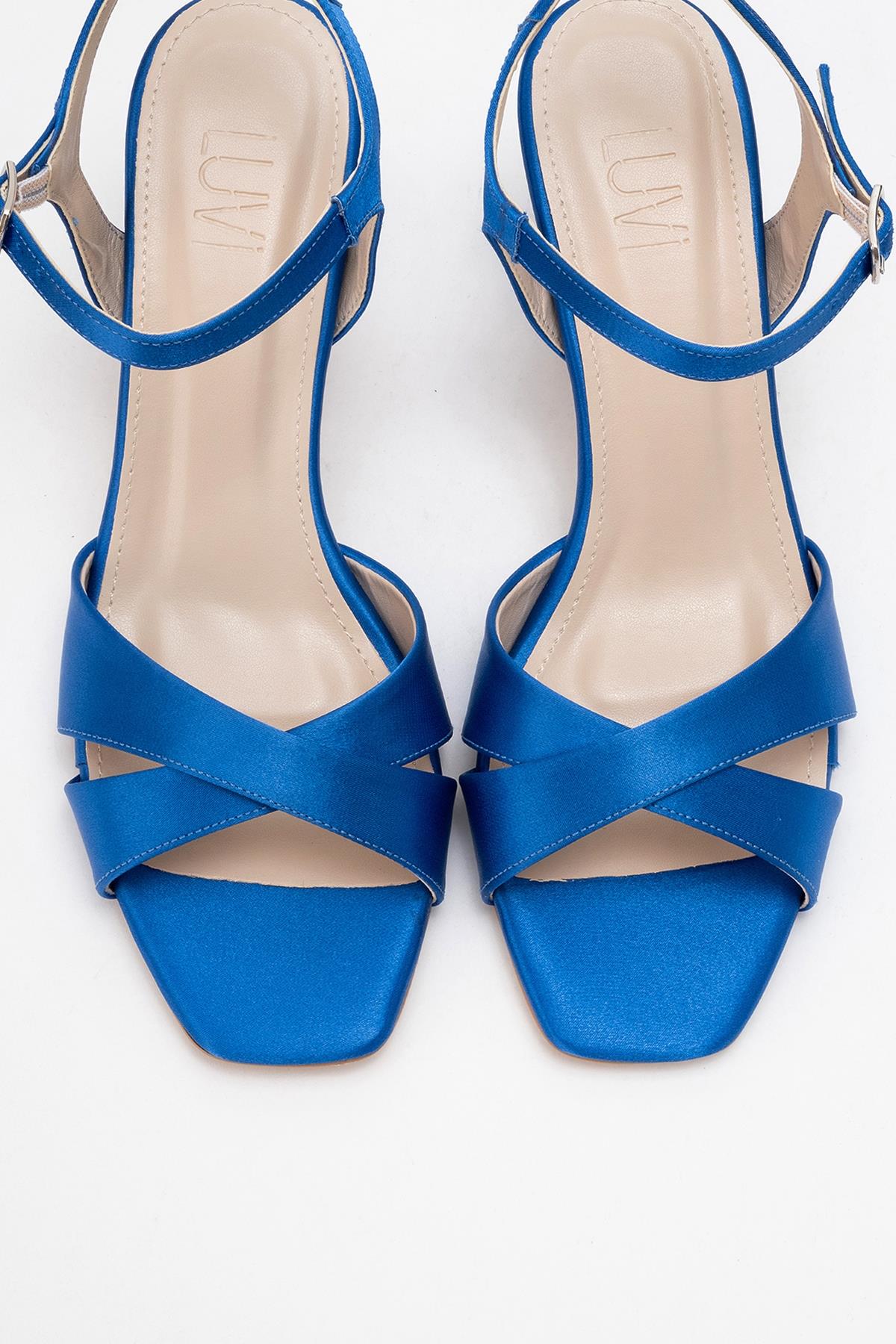 Melin - Sapphire Satin Cross-Strap Stiletto Pump – side view showing satin, leather, SimmiUnique