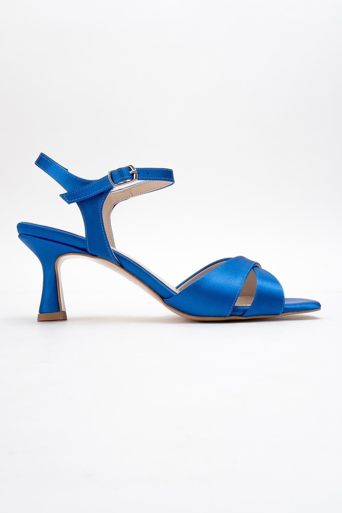 Melin - Sapphire Satin Cross-Strap Stiletto Pump – top view showing satin, leather, SimmiUnique