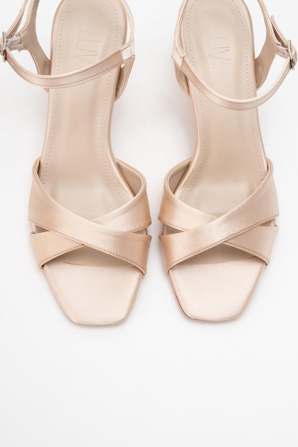 Melin - Beige Satin Cross-Strap Stiletto Pump – side view showing satin, leather, SimmiUnique