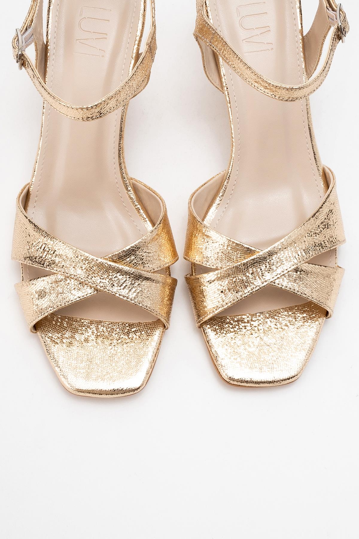 Melin - Gold Patterned Cross-Strap Stiletto Pump – side view showing leather, gold, SimmiUnique