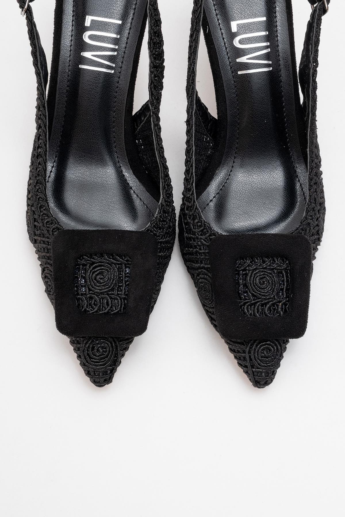 Ensley - Black Knitted Buckle-Detail Backless High Heel Shoe – side view showing leather, black, red, SimmiUnique