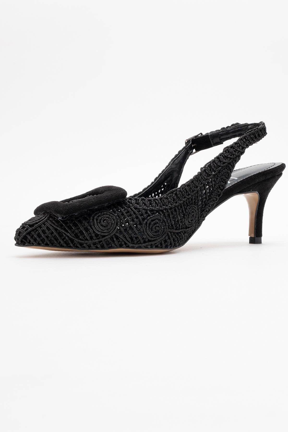 Ensley - Black Knitted Buckle-Detail Backless High Heel Shoe – heel view showing leather, black, red, SimmiUnique