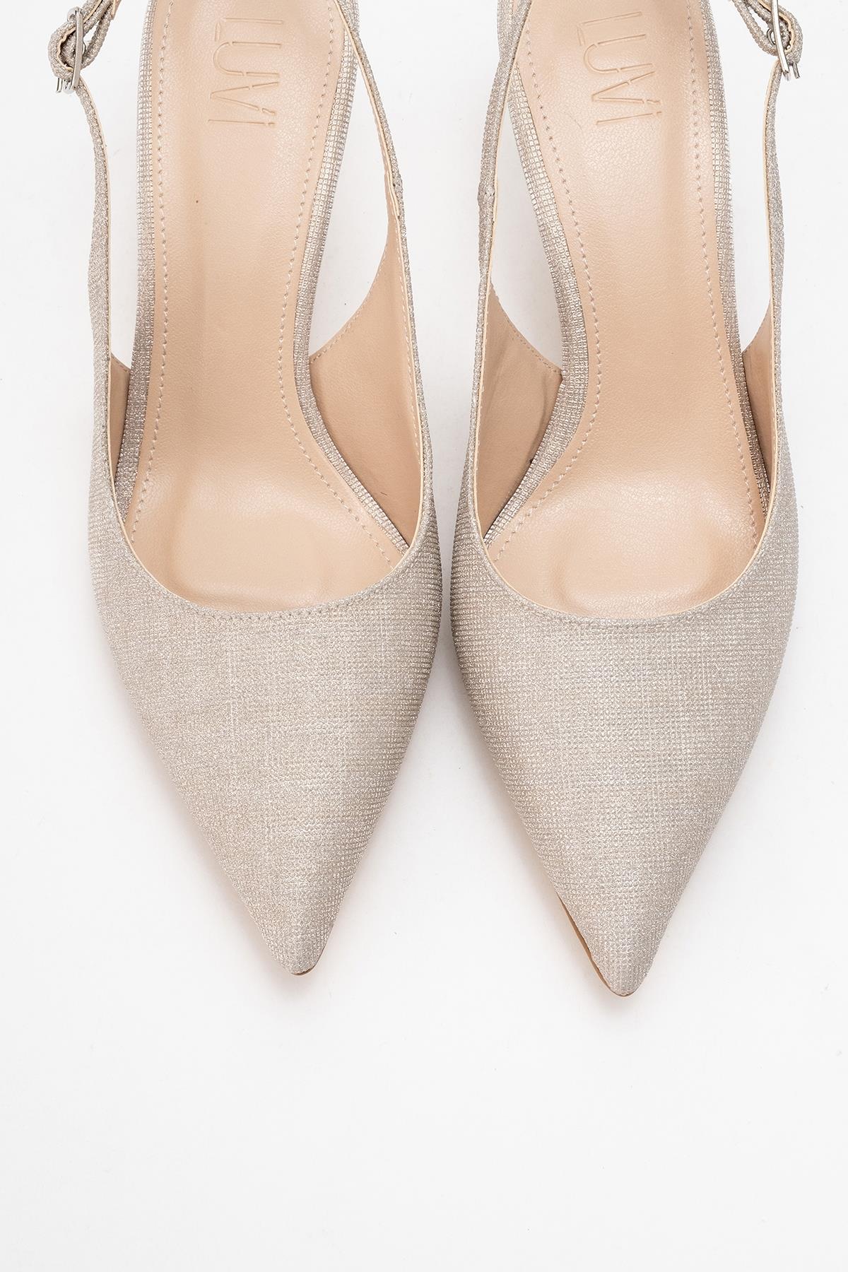 Caisa - Gold Glitter High Heel Shoe – side view showing leather, glitter, gold, SimmiUnique