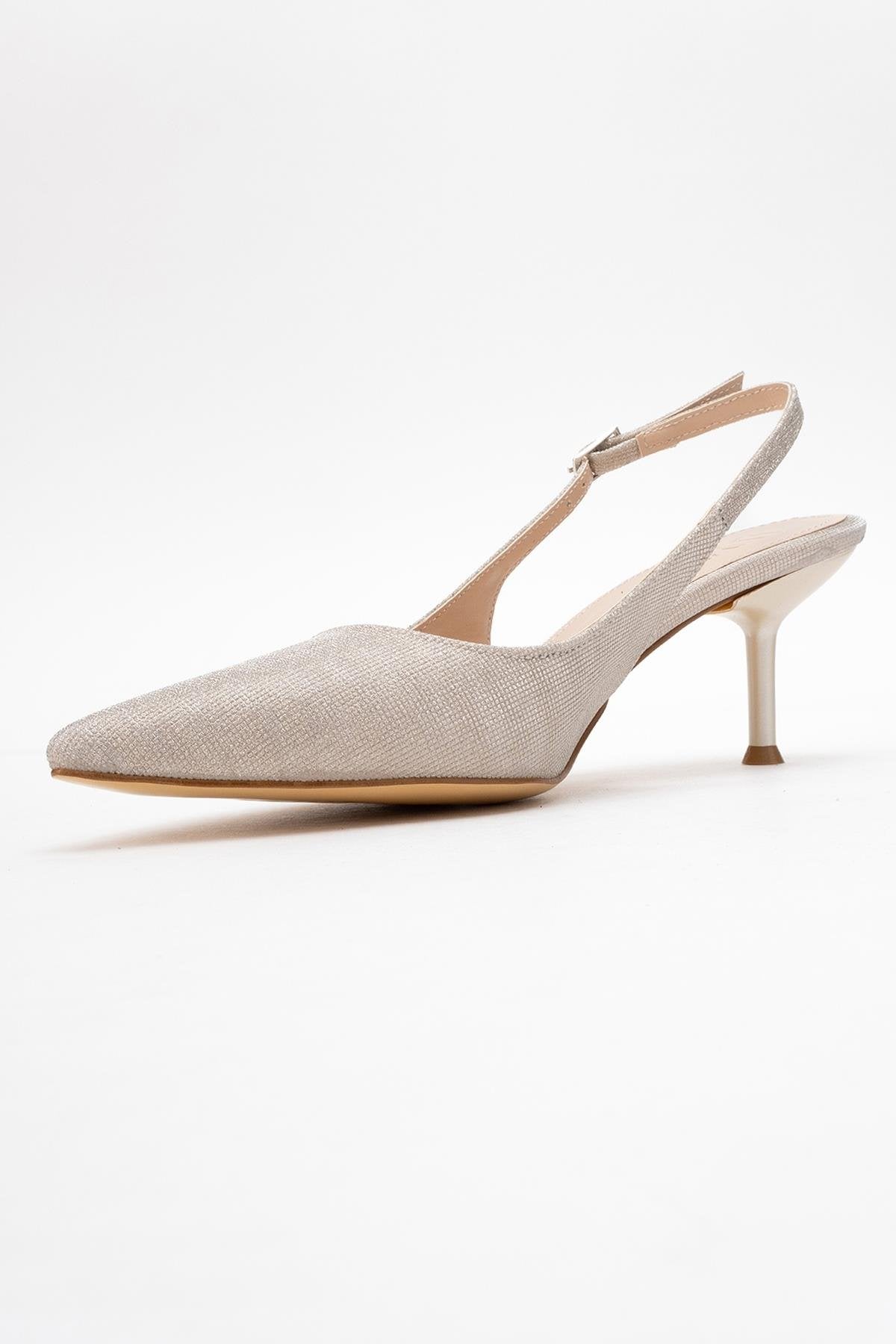 Caisa - Gold Glitter High Heel Shoe – heel view showing leather, glitter, gold, SimmiUnique