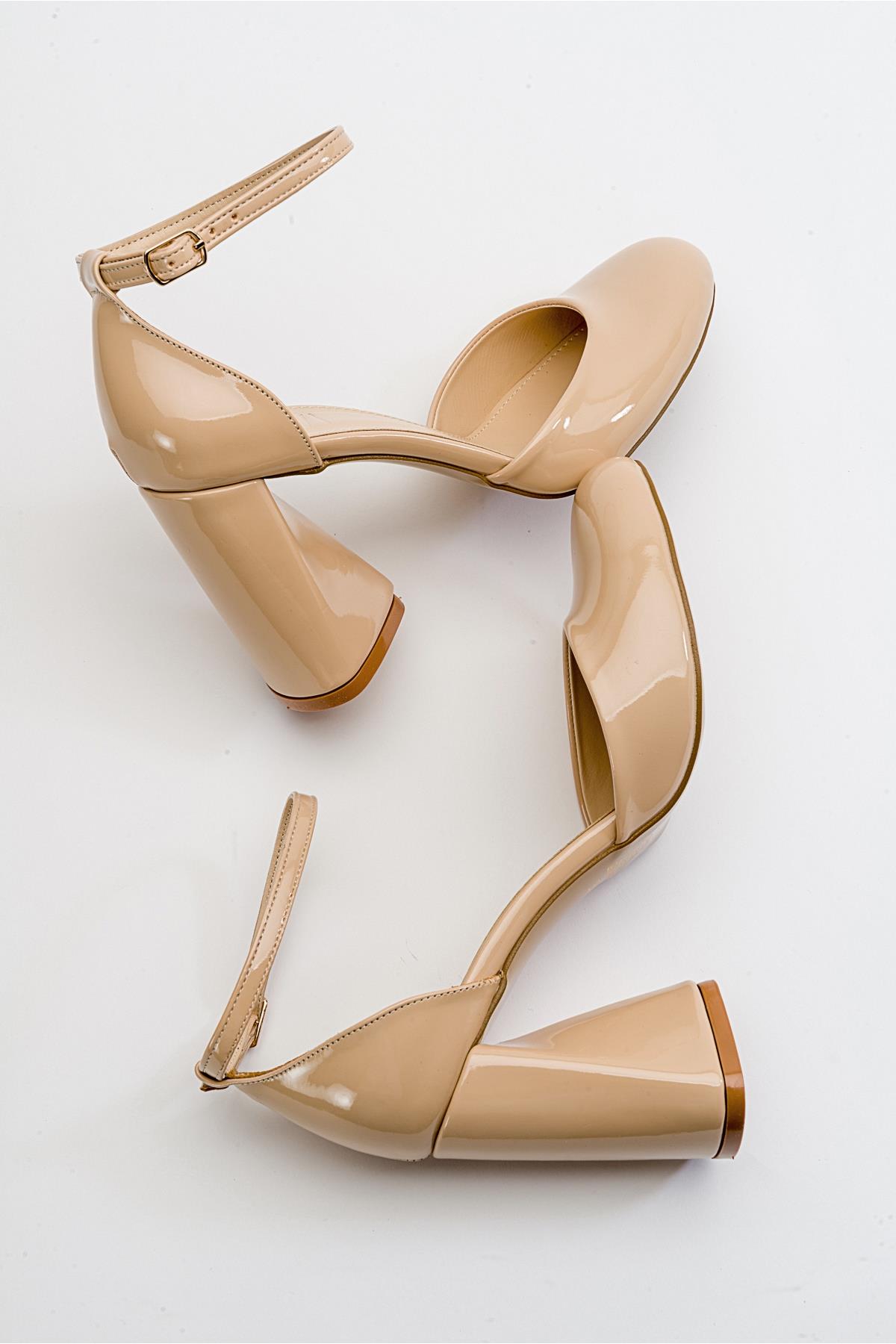 Oslo - Beige Heeled Shoe – back view showing leather, SimmiUnique