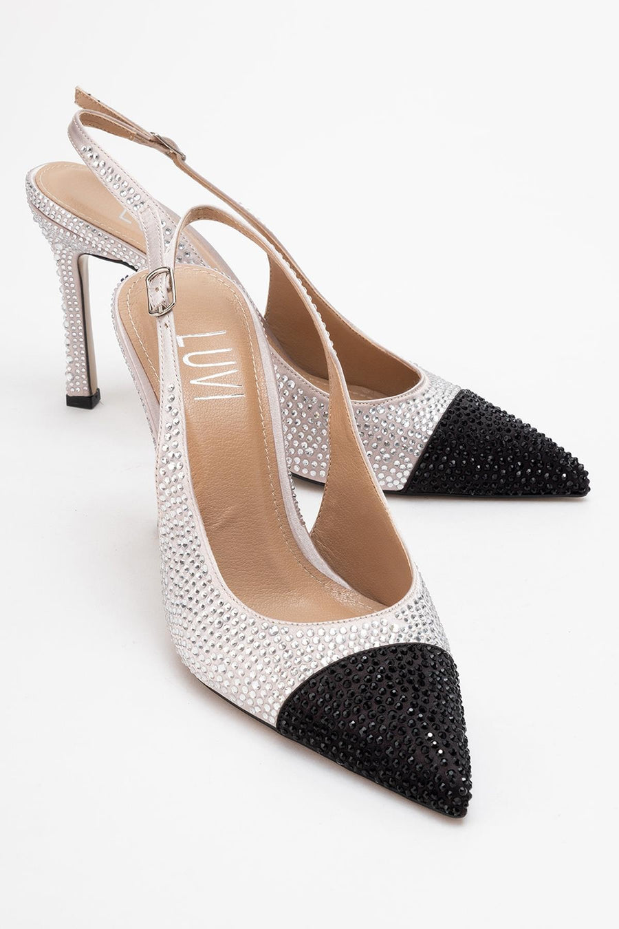 London - Beige Black Crystal-Embellished High Heel Shoe
