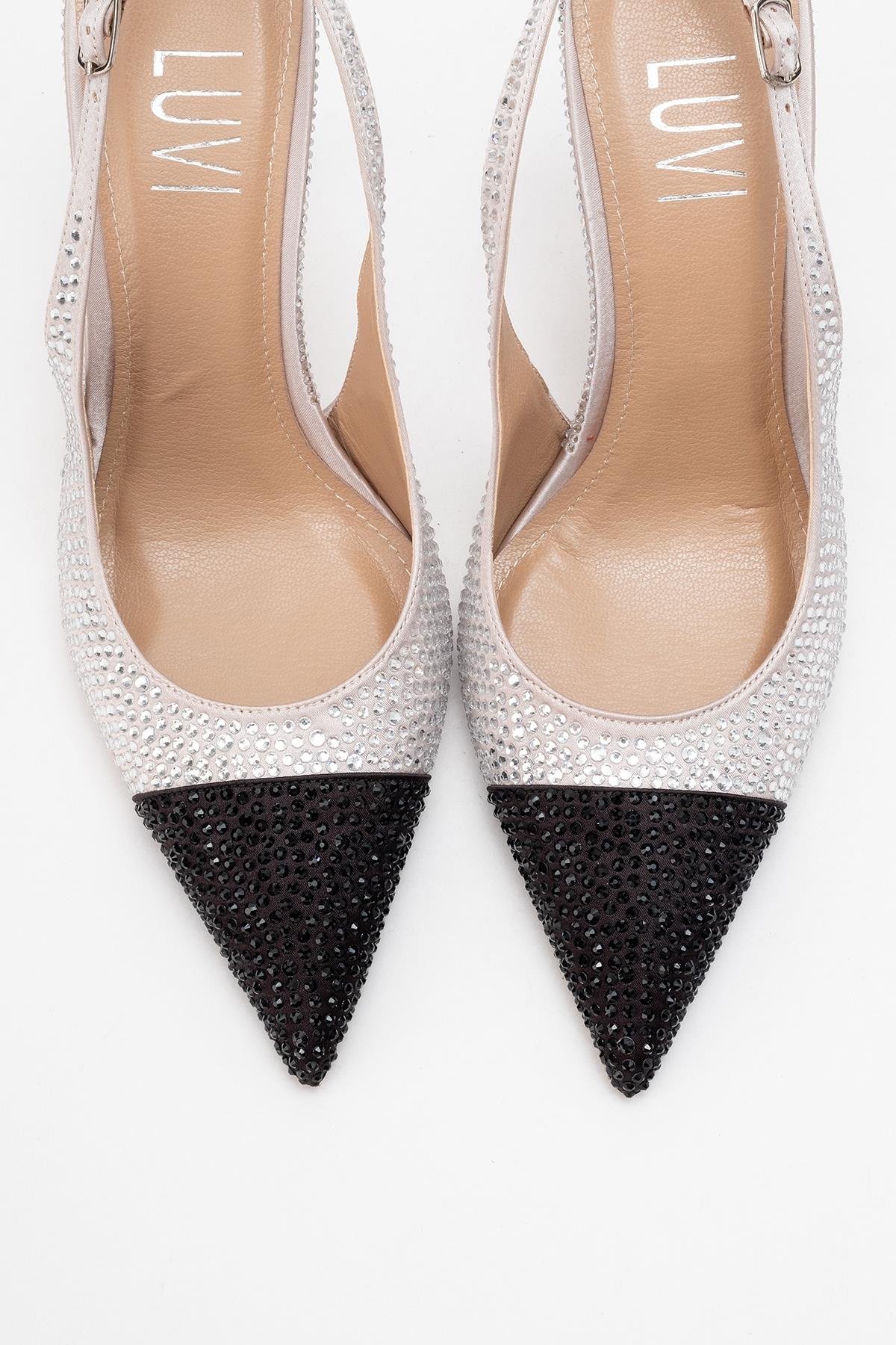 London - Beige Black Crystal-Embellished High Heel Shoe – side view showing crystal, leather, black, SimmiUnique