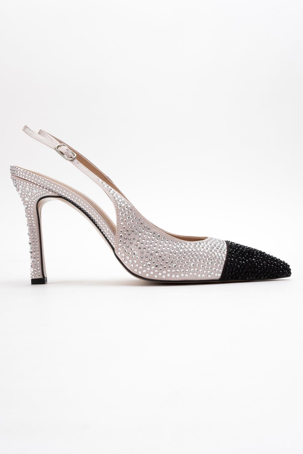 London - Beige Black Crystal-Embellished High Heel Shoe – top view showing crystal, leather, black, SimmiUnique