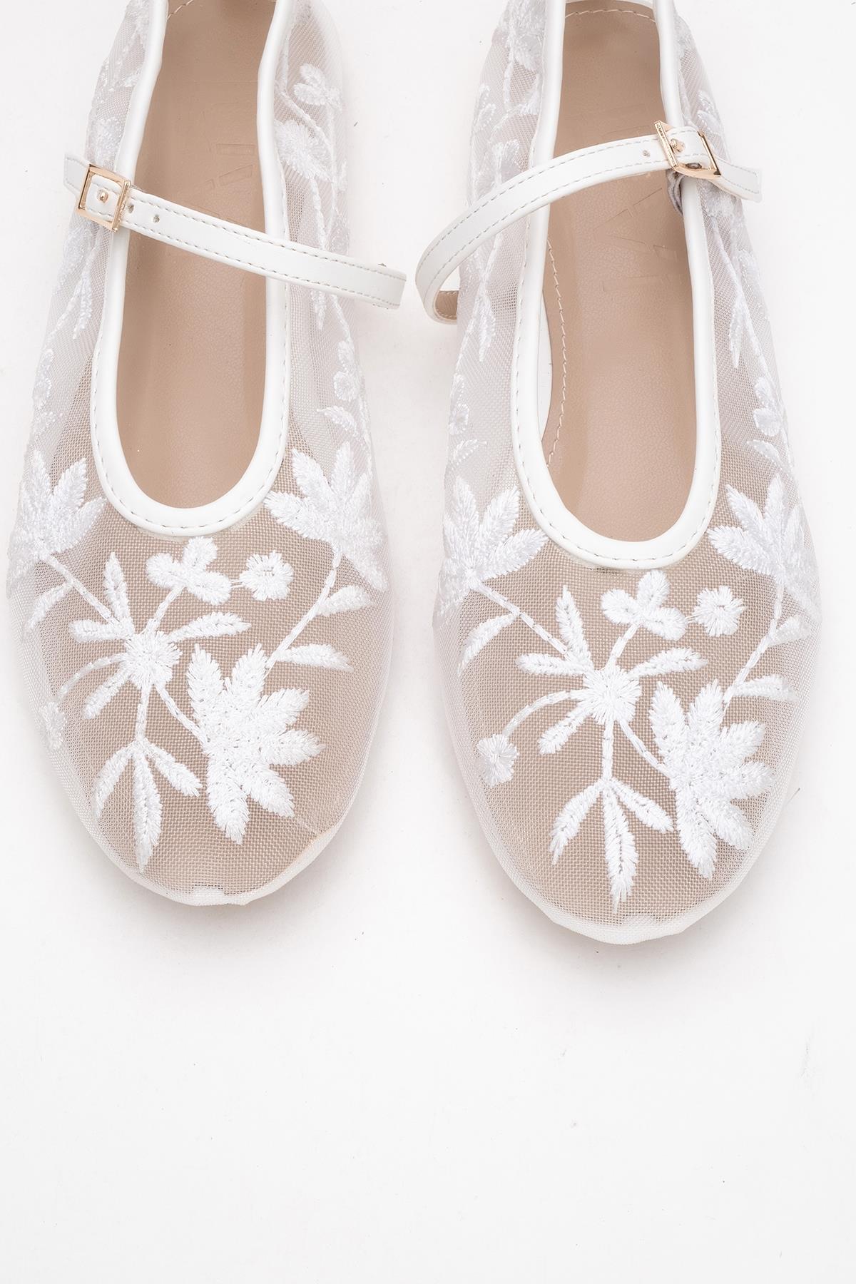 Juny White Mesh Floral Embroidery Ballet Flat – side view showing leather, mesh, white, SimmiUnique