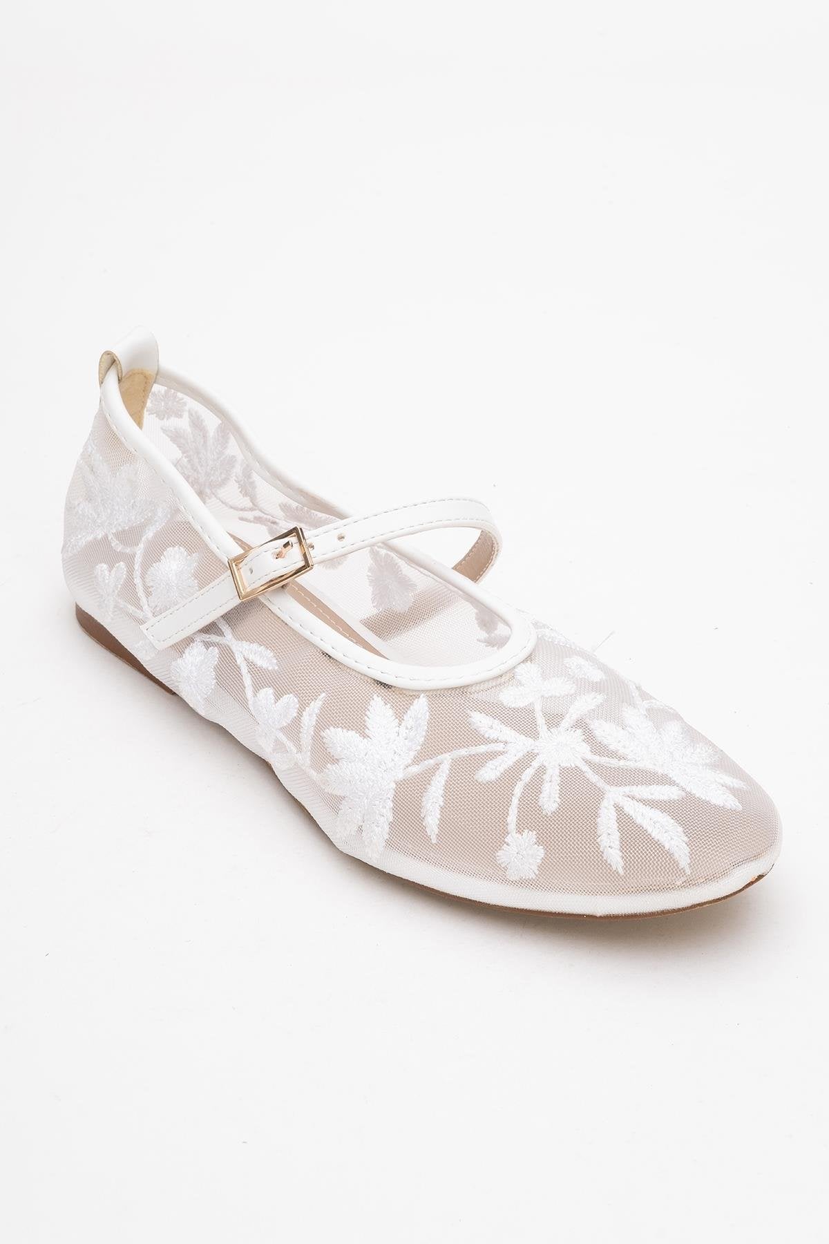 Juny White Mesh Floral Embroidery Ballet Flat – detail view showing leather, mesh, white, SimmiUnique