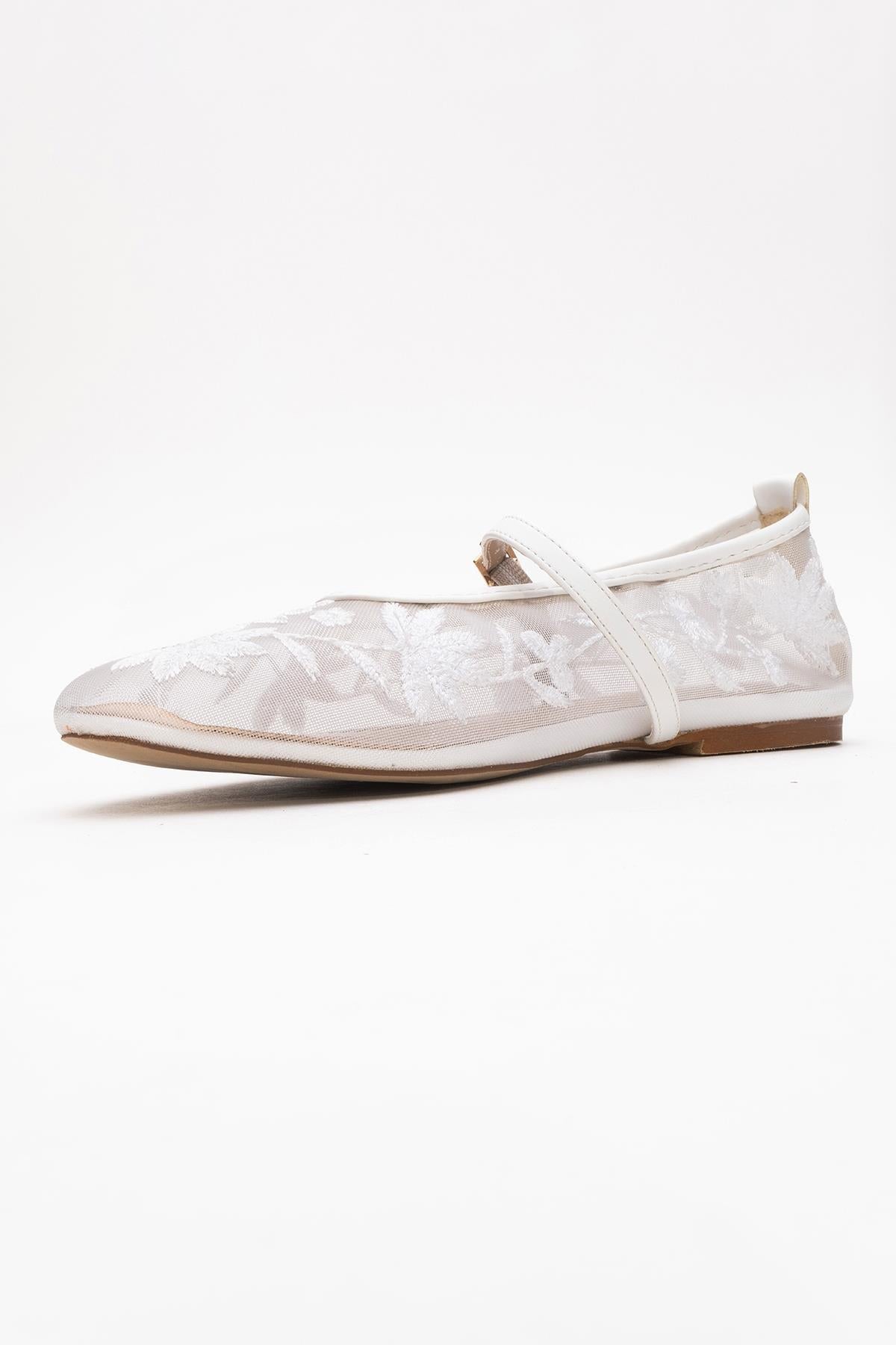 Juny White Mesh Floral Embroidery Ballet Flat – heel view showing leather, mesh, white, SimmiUnique