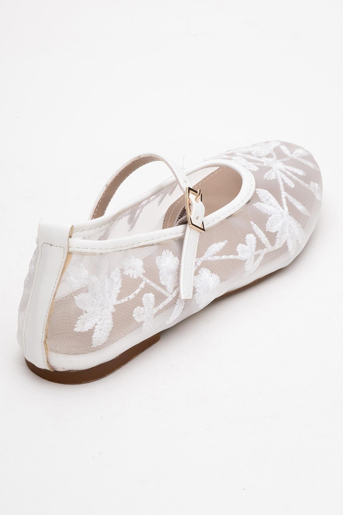 Juny White Mesh Floral Embroidery Ballet Flat – back view showing leather, mesh, white, SimmiUnique
